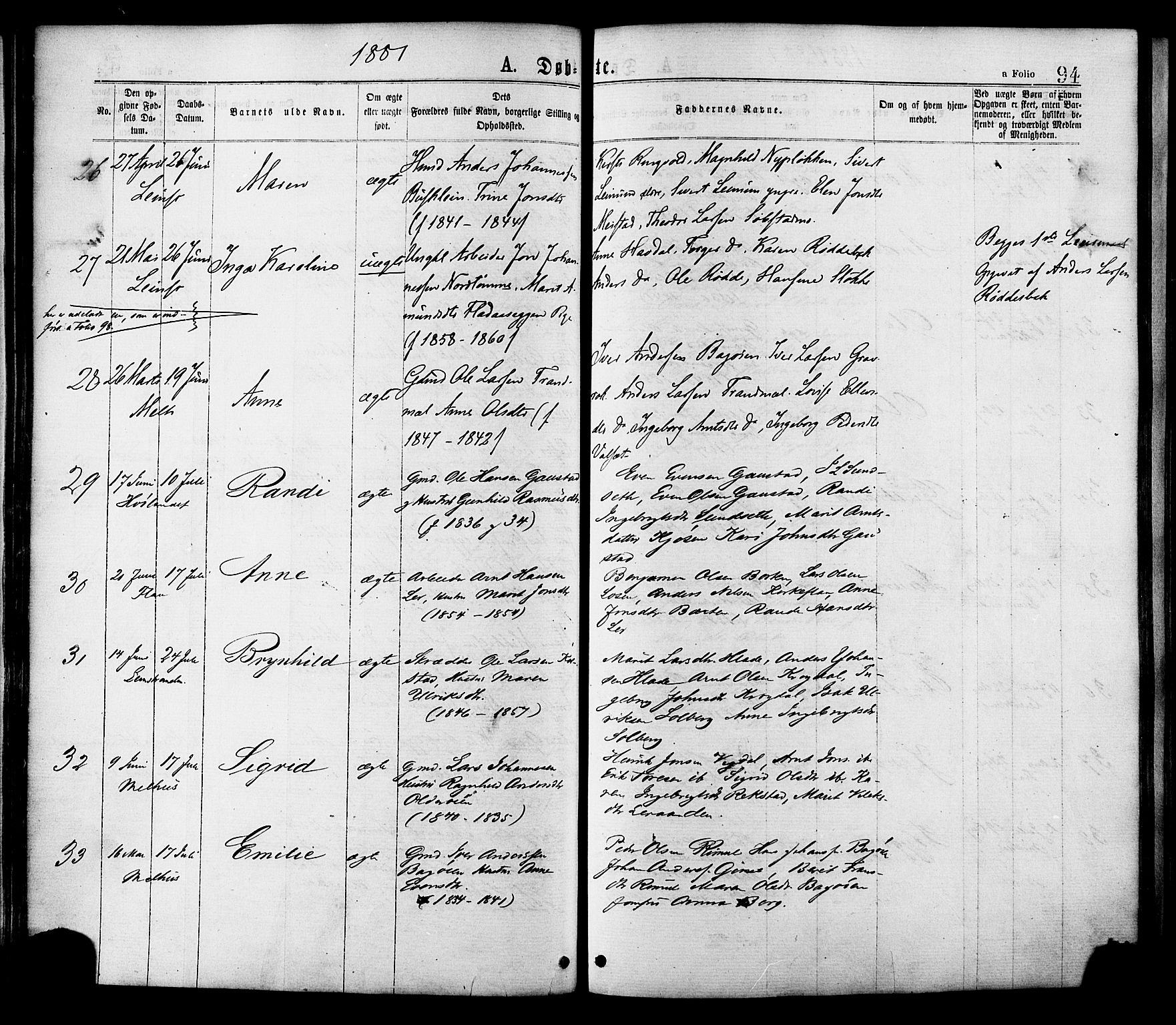 Ministerialprotokoller, klokkerbøker og fødselsregistre - Sør-Trøndelag, SAT/A-1456/691/L1079: Ministerialbok nr. 691A11, 1873-1886, s. 94