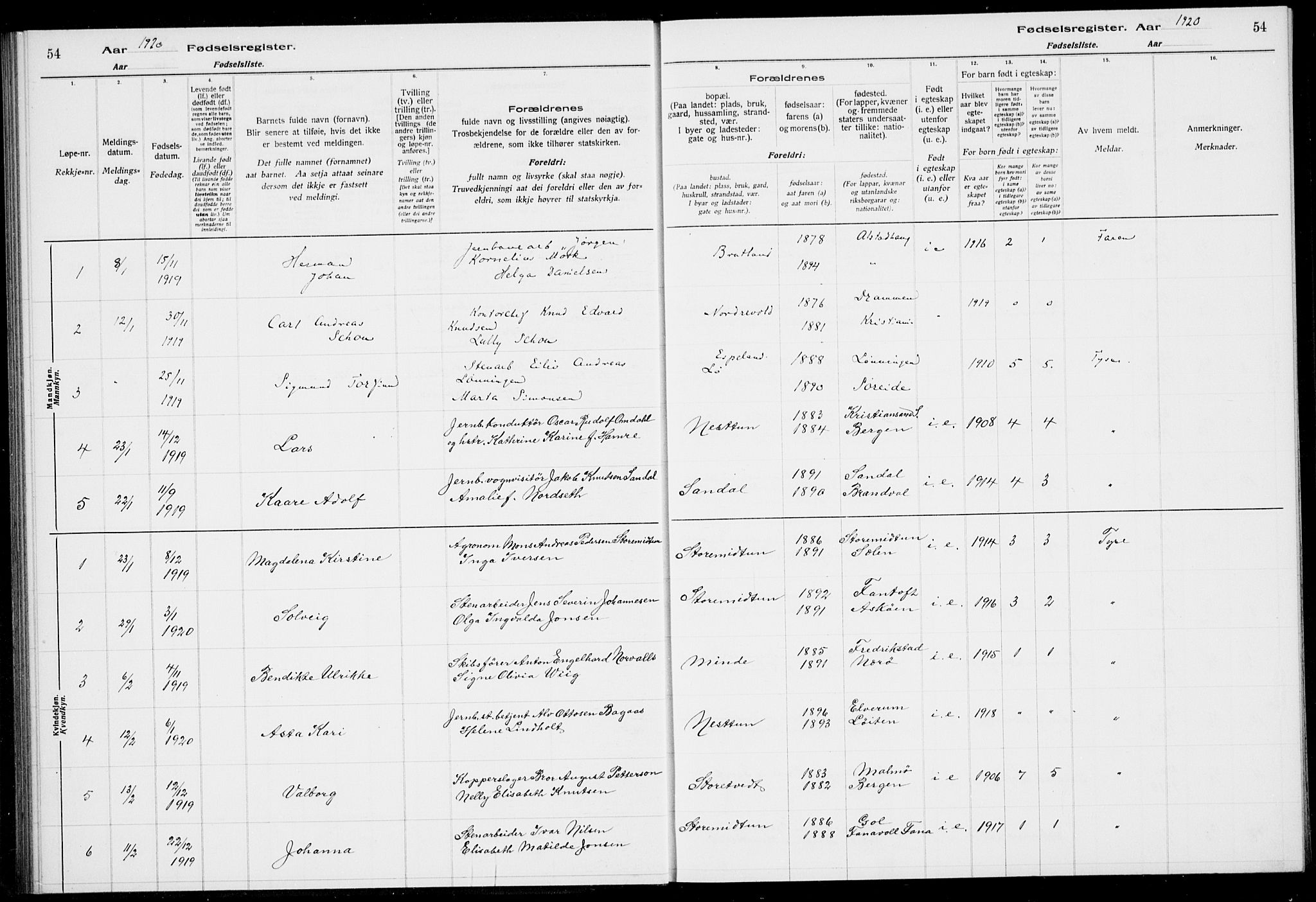 Birkeland Sokneprestembete, AV/SAB-A-74601/I/Id/L00A1: Fødselsregister nr. A 1, 1916-1926, s. 54