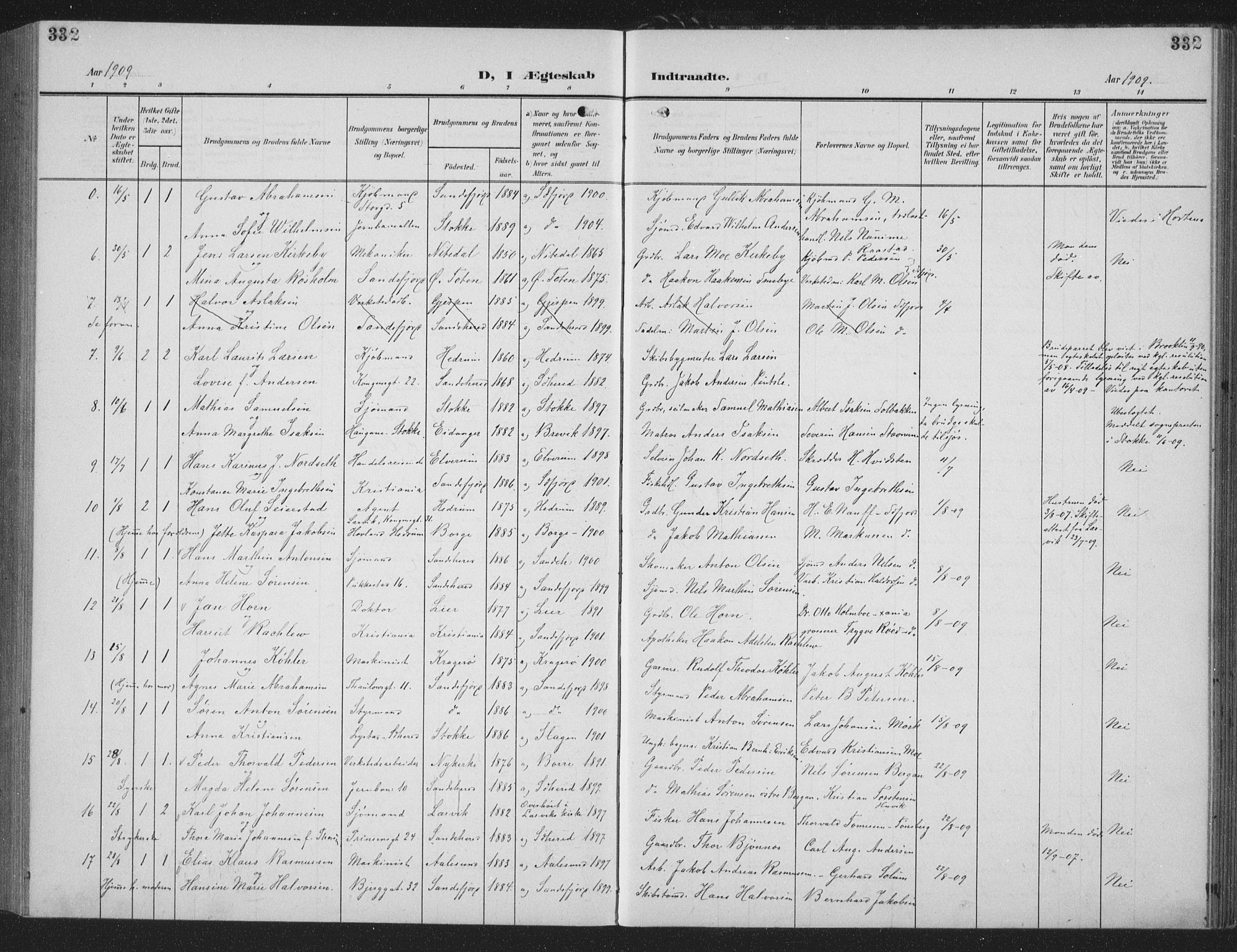 Sandefjord kirkebøker, AV/SAKO-A-315/G/Ga/L0003: Klokkerbok nr. 3, 1903-1920, s. 332