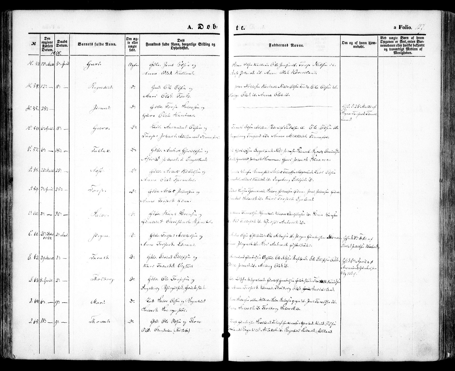 Evje sokneprestkontor, AV/SAK-1111-0008/F/Fa/Faa/L0005: Ministerialbok nr. A 5, 1843-1865, s. 127
