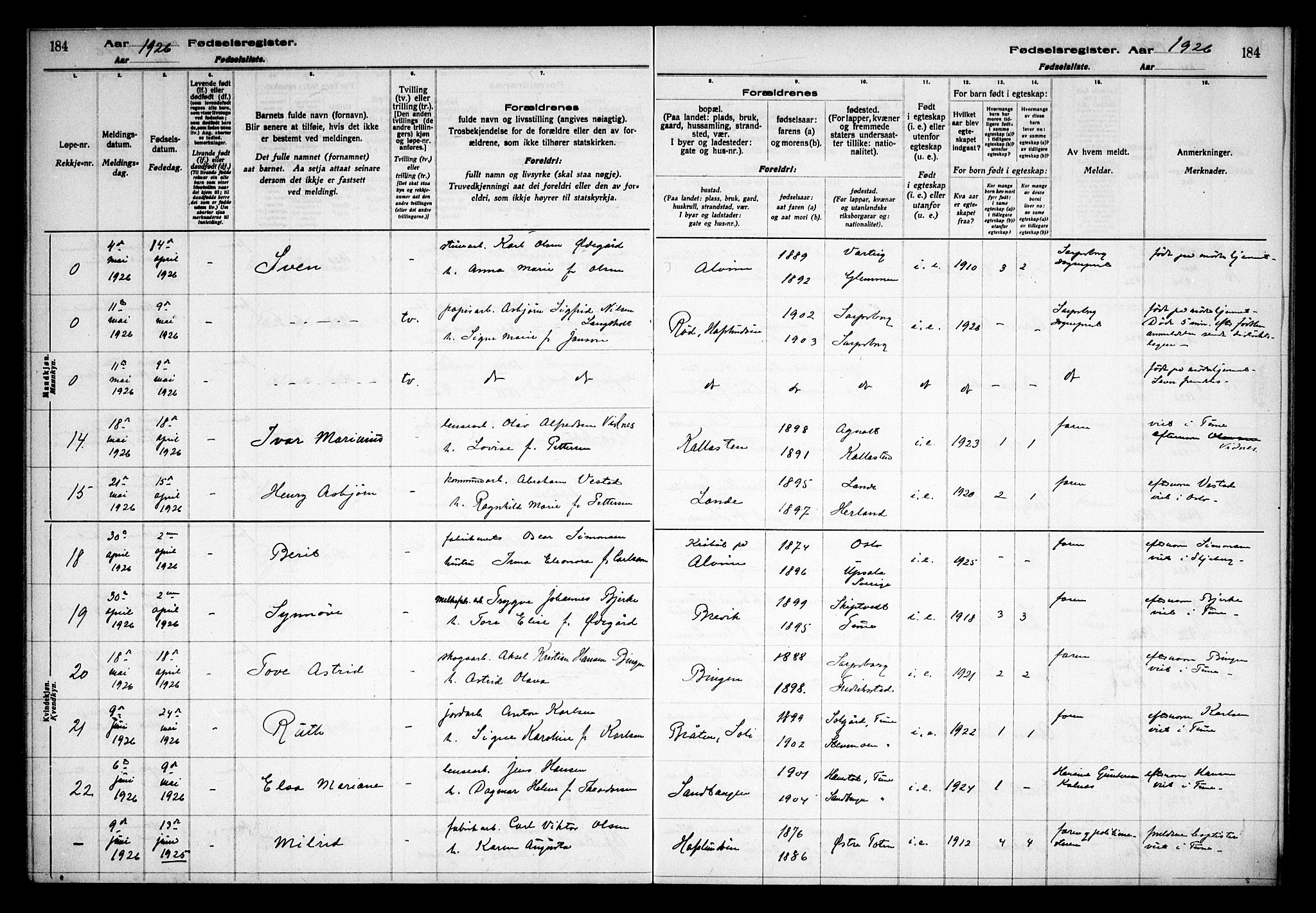 Tune prestekontor Kirkebøker, AV/SAO-A-2007/J/Ja/L0001: Fødselsregister nr. I 1, 1916-1928, s. 184