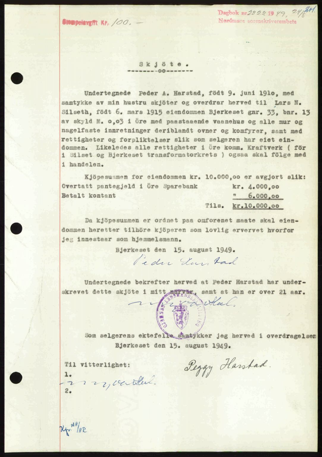 Nordmøre sorenskriveri, SAT/A-4132/1/2/2Ca: Pantebok nr. A112, 1949-1949, Dagboknr: 2322/1949