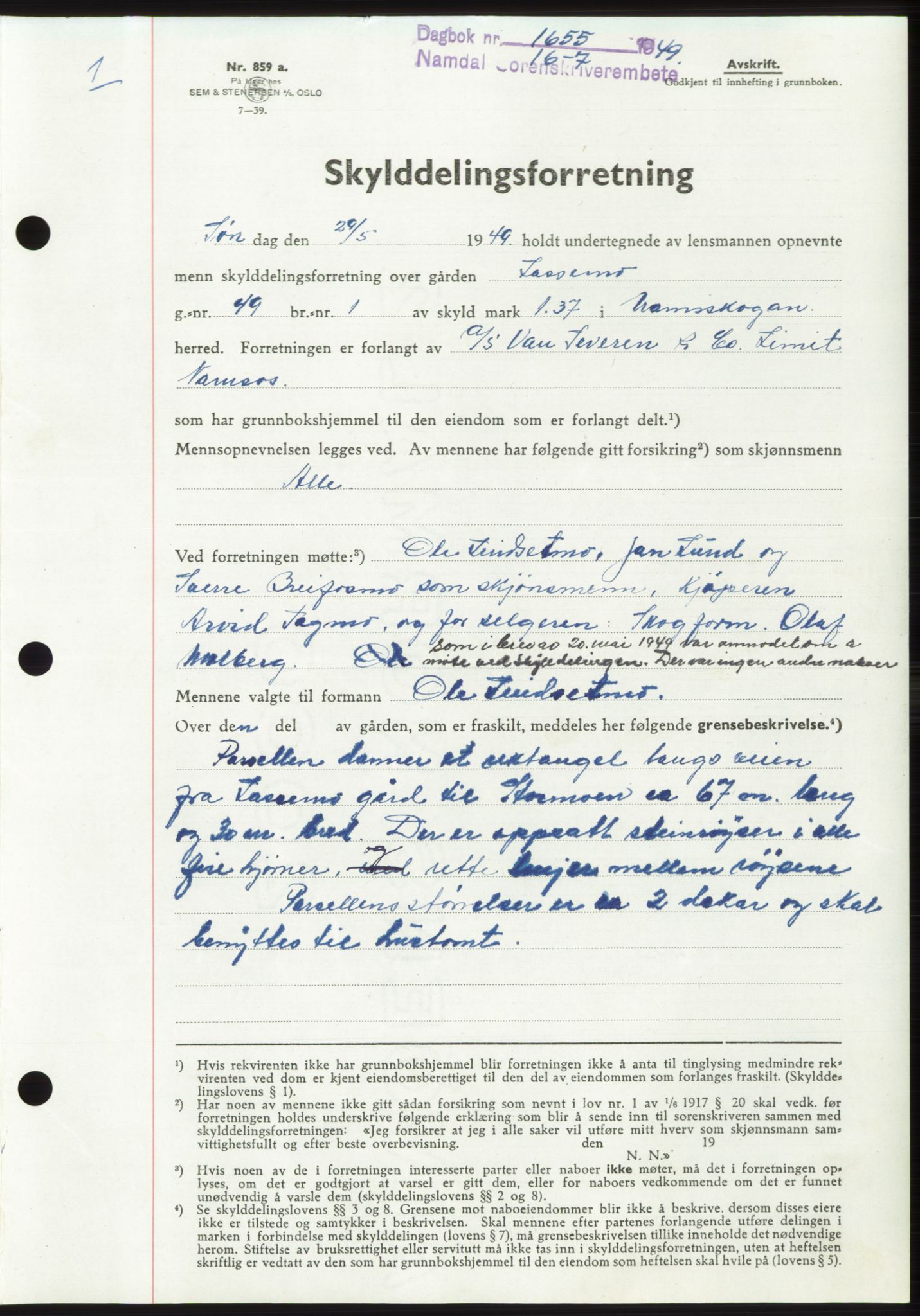 Namdal sorenskriveri, SAT/A-4133/1/2/2C: Pantebok nr. -, 1949-1949, Dagboknr: 1655/1949