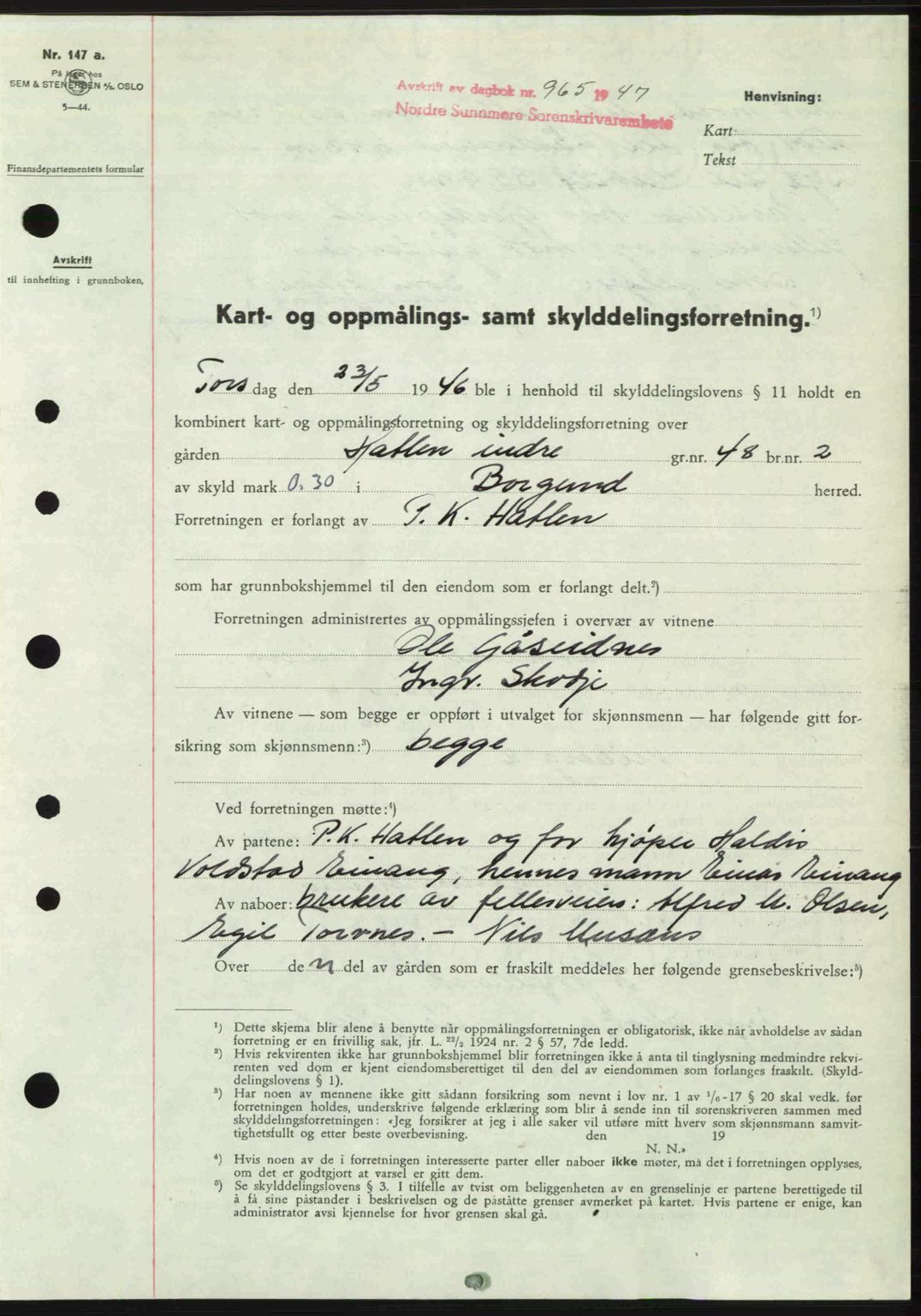 Nordre Sunnmøre sorenskriveri, SAT/A-0006/1/2/2C/2Ca: Pantebok nr. A24, 1947-1947, Dagboknr: 965/1947