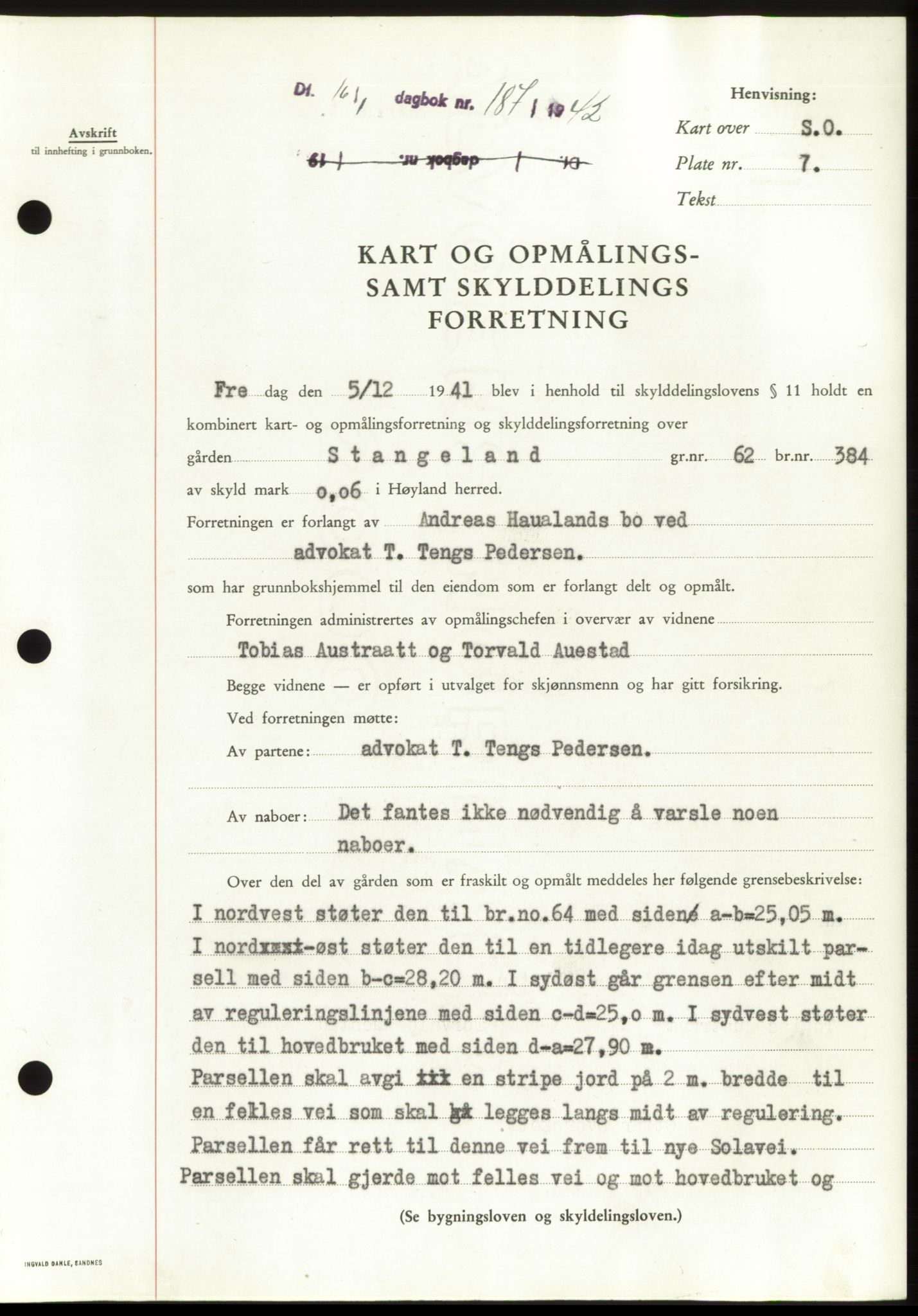 Jæren sorenskriveri, SAST/A-100310/03/G/Gba/L0082: Pantebok, 1942-1942, Dagboknr: 187/1942
