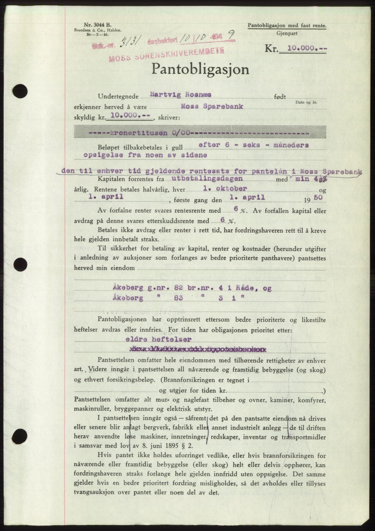 Moss sorenskriveri, SAO/A-10168: Pantebok nr. B22, 1949-1949, Dagboknr: 3131/1949