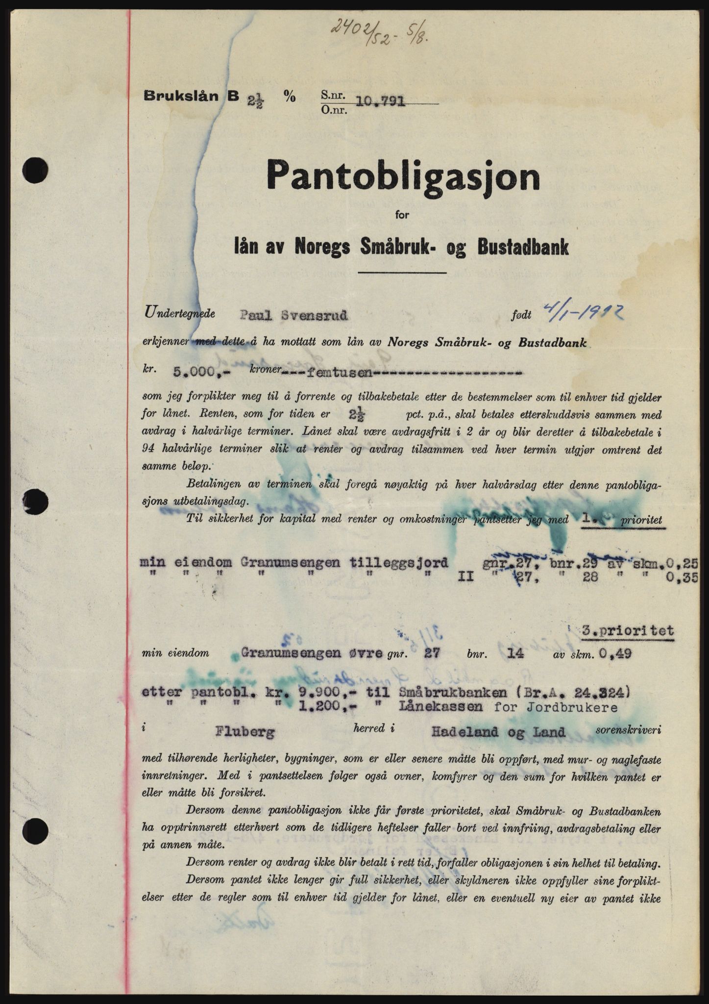 Hadeland og Land tingrett, SAH/TING-010/H/Hb/Hbc/L0024: Pantebok nr. B24, 1952-1952, Dagboknr: 2402/1952