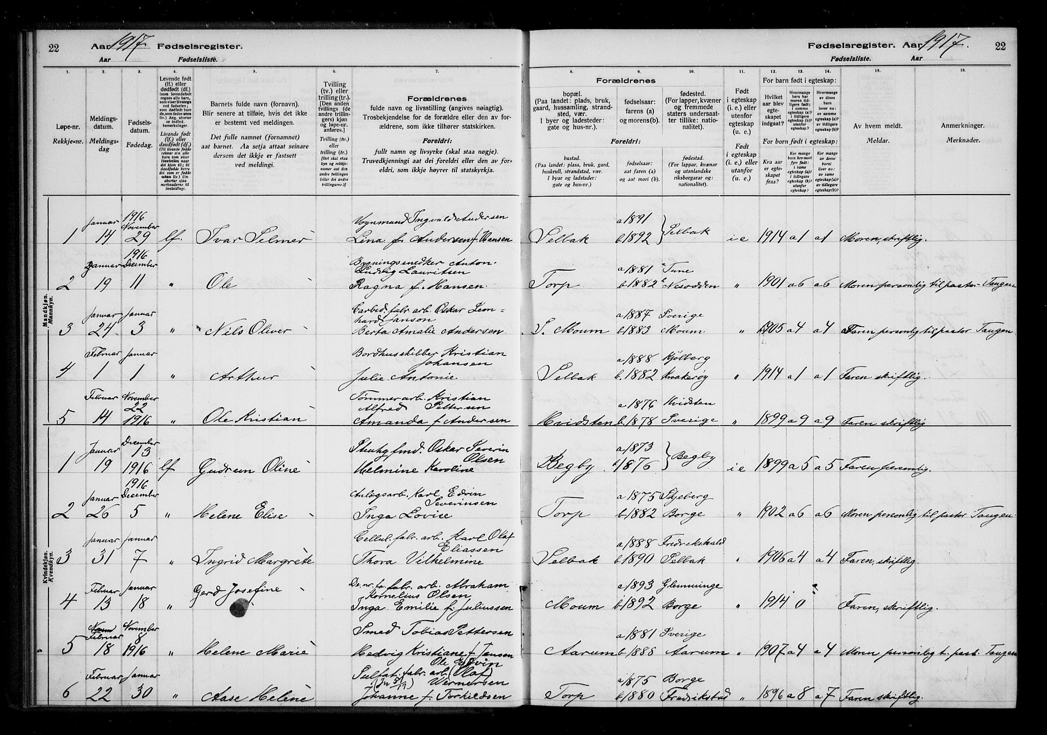 Borge prestekontor Kirkebøker, AV/SAO-A-10903/J/Ja/L0001: Fødselsregister nr. I 1, 1916-1925, s. 22