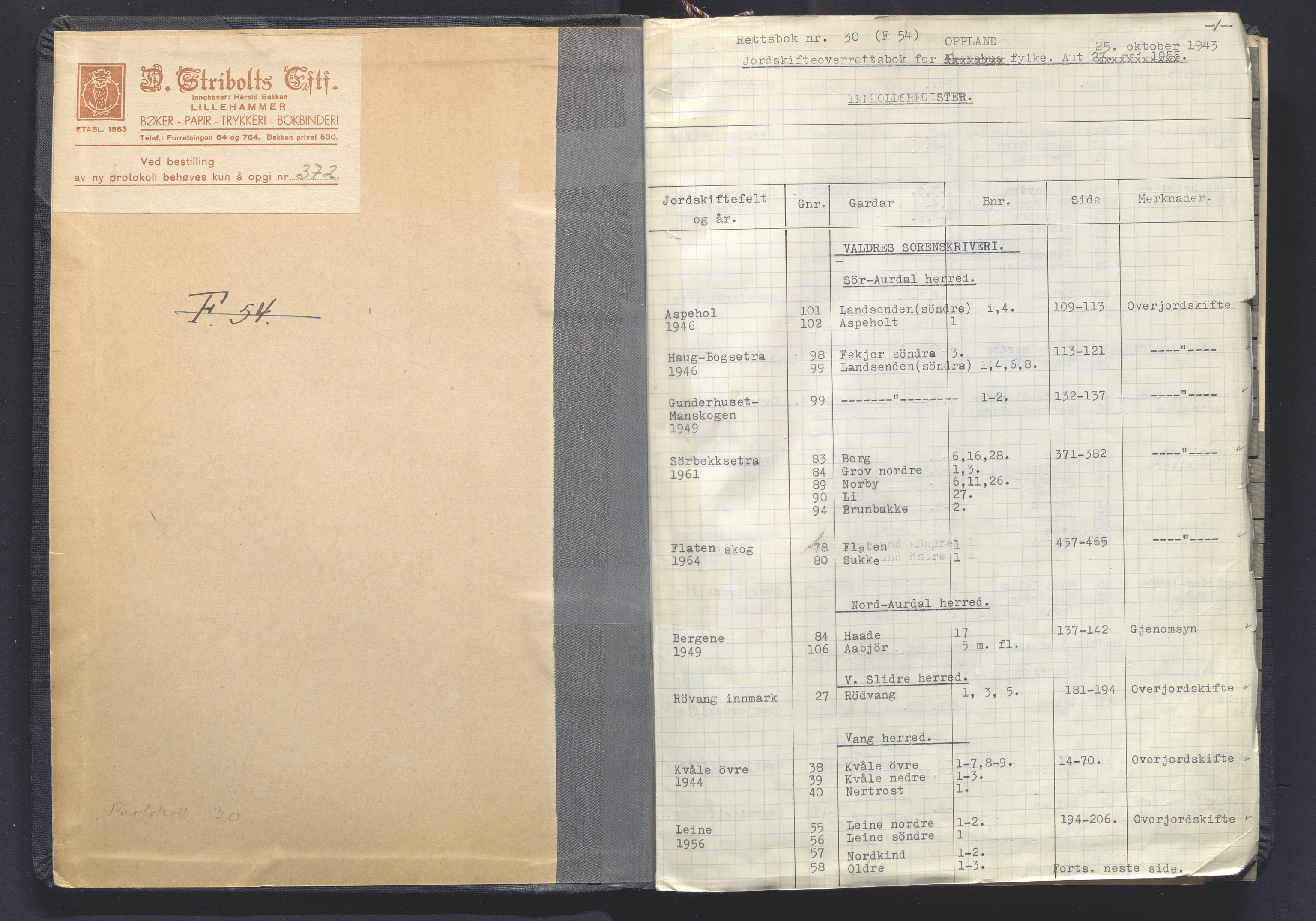 Utskiftningsformannen i Oppland fylke, AV/SAH-JORDSKIFTEO-001/G/Ga/L0013/0002: Rettsbøker / Rettsbok - protokoll nr. 30, 1943-1969