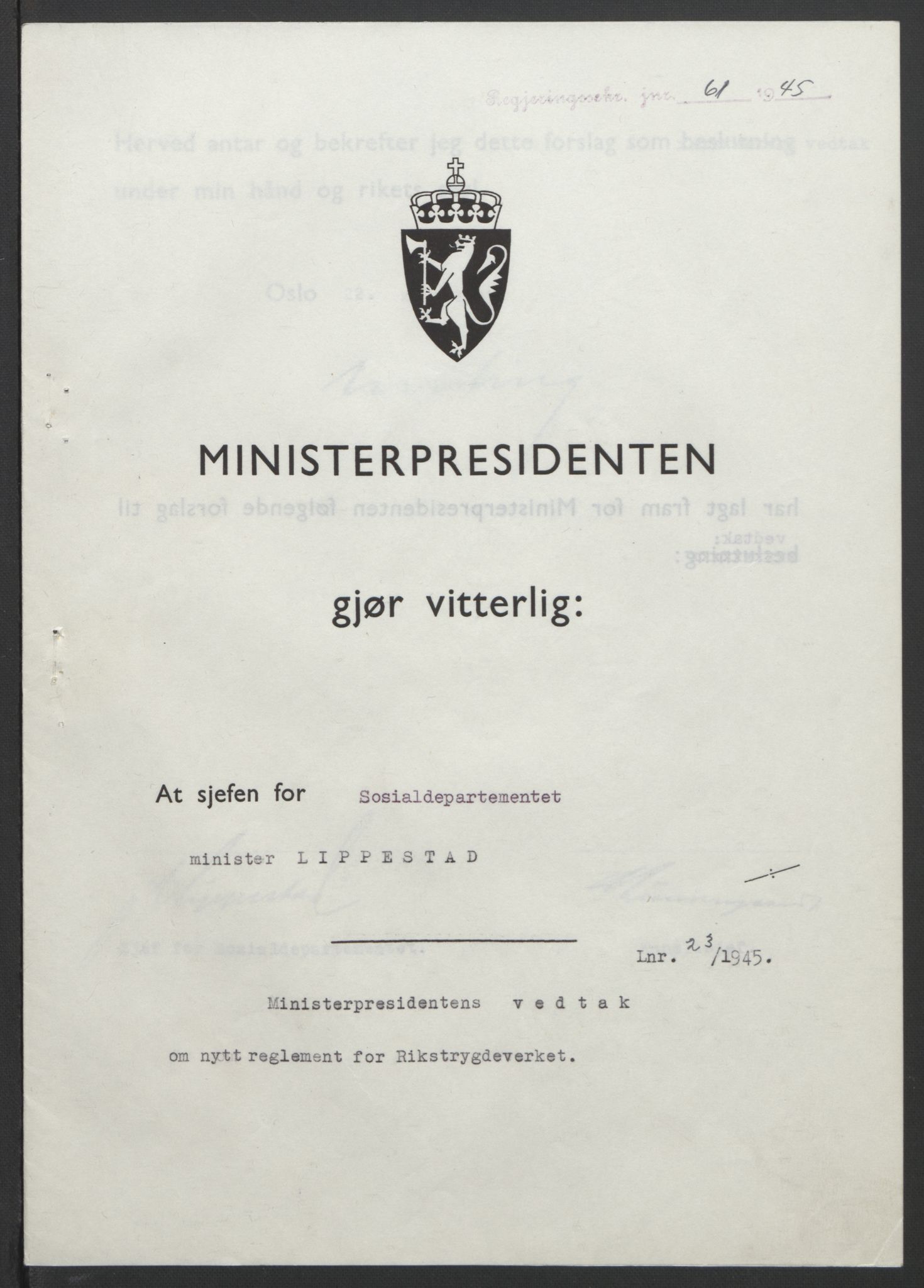NS-administrasjonen 1940-1945 (Statsrådsekretariatet, de kommisariske statsråder mm), RA/S-4279/D/Db/L0101/0001: -- / Lover og vedtak, 1945, s. 224