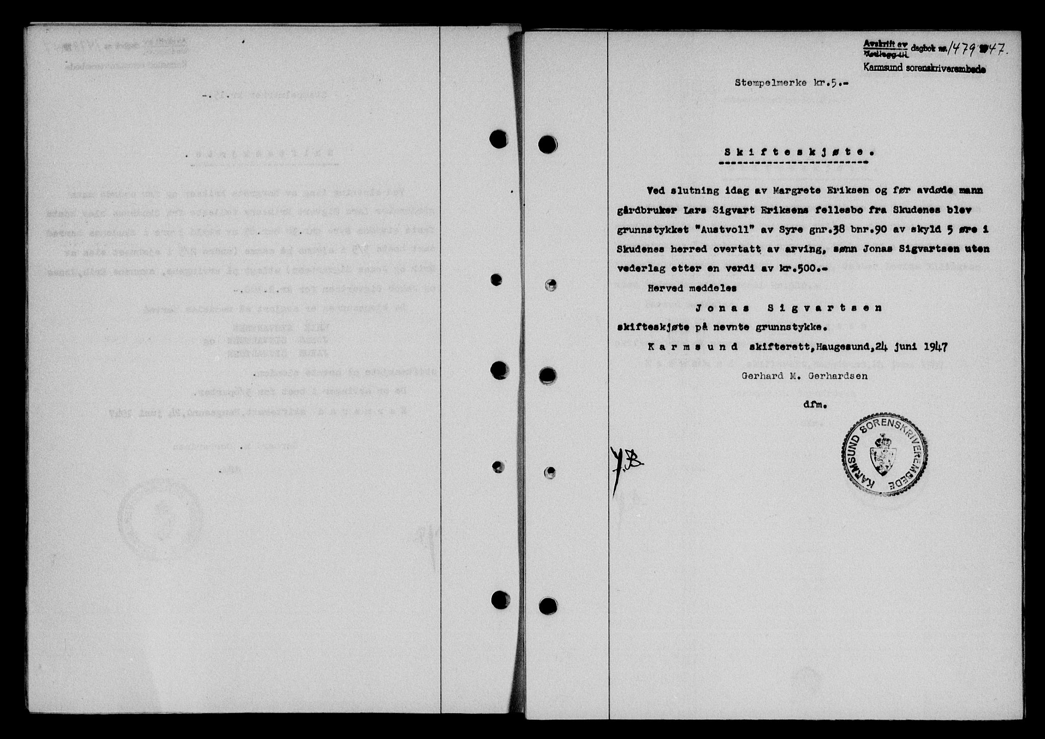 Karmsund sorenskriveri, SAST/A-100311/01/II/IIB/L0090: Pantebok nr. 70A, 1947-1947, Dagboknr: 1479/1947