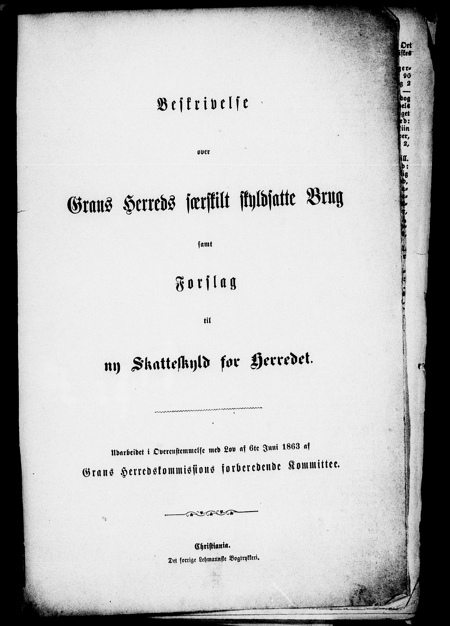 Matrikkelrevisjonen av 1863, AV/RA-S-1530/F/Fe/L0083: Gran (Brandbu), 1863, s. 1