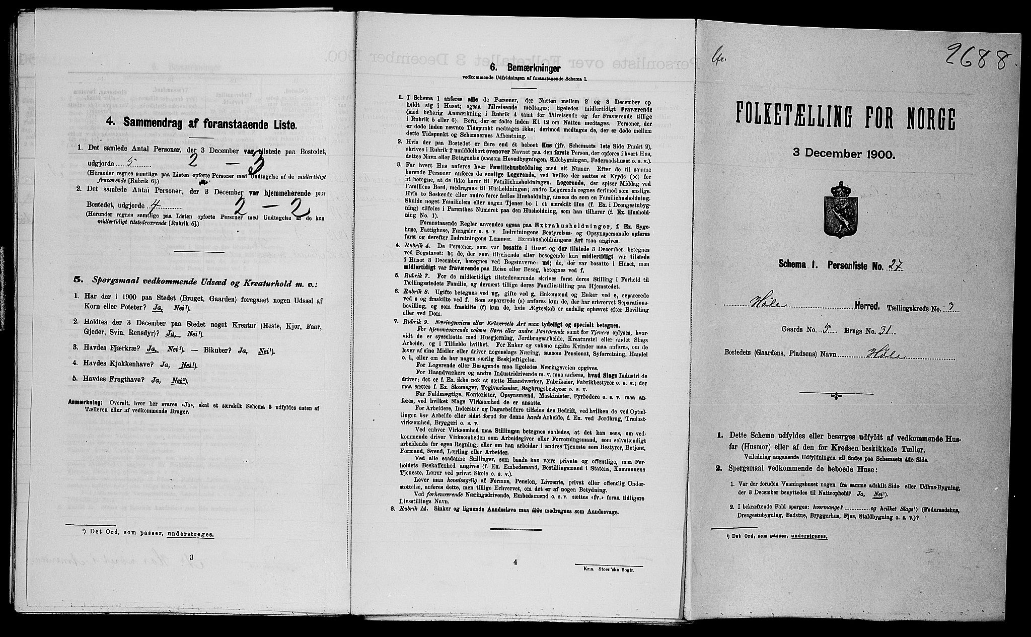 SAST, Folketelling 1900 for 1128 Høle herred, 1900, s. 186