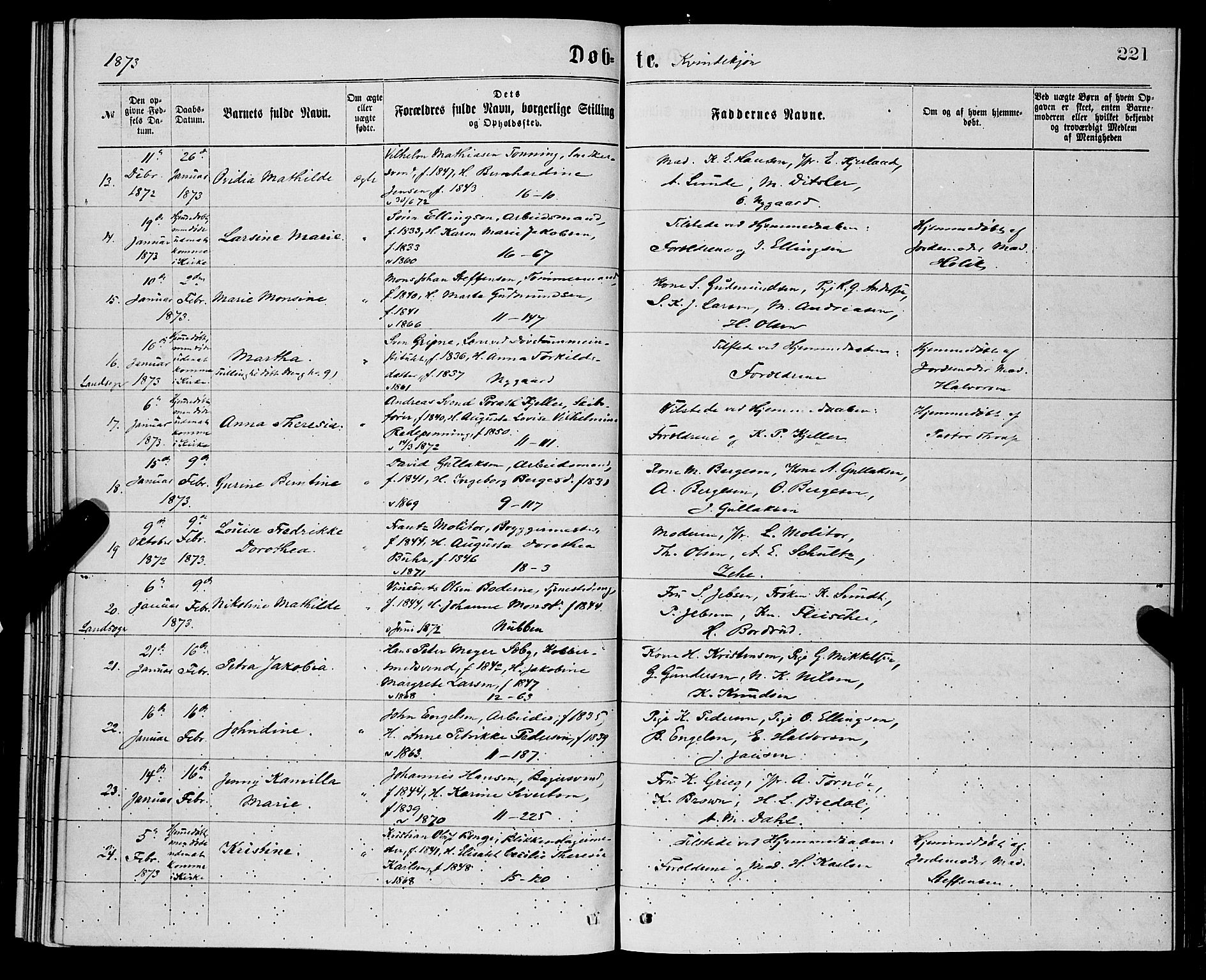 Domkirken sokneprestembete, AV/SAB-A-74801/H/Hab/L0013: Klokkerbok nr. B 6, 1869-1876, s. 221