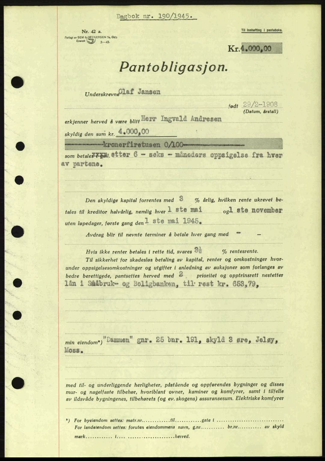 Moss sorenskriveri, SAO/A-10168: Pantebok nr. B13, 1943-1945, Dagboknr: 190/1945