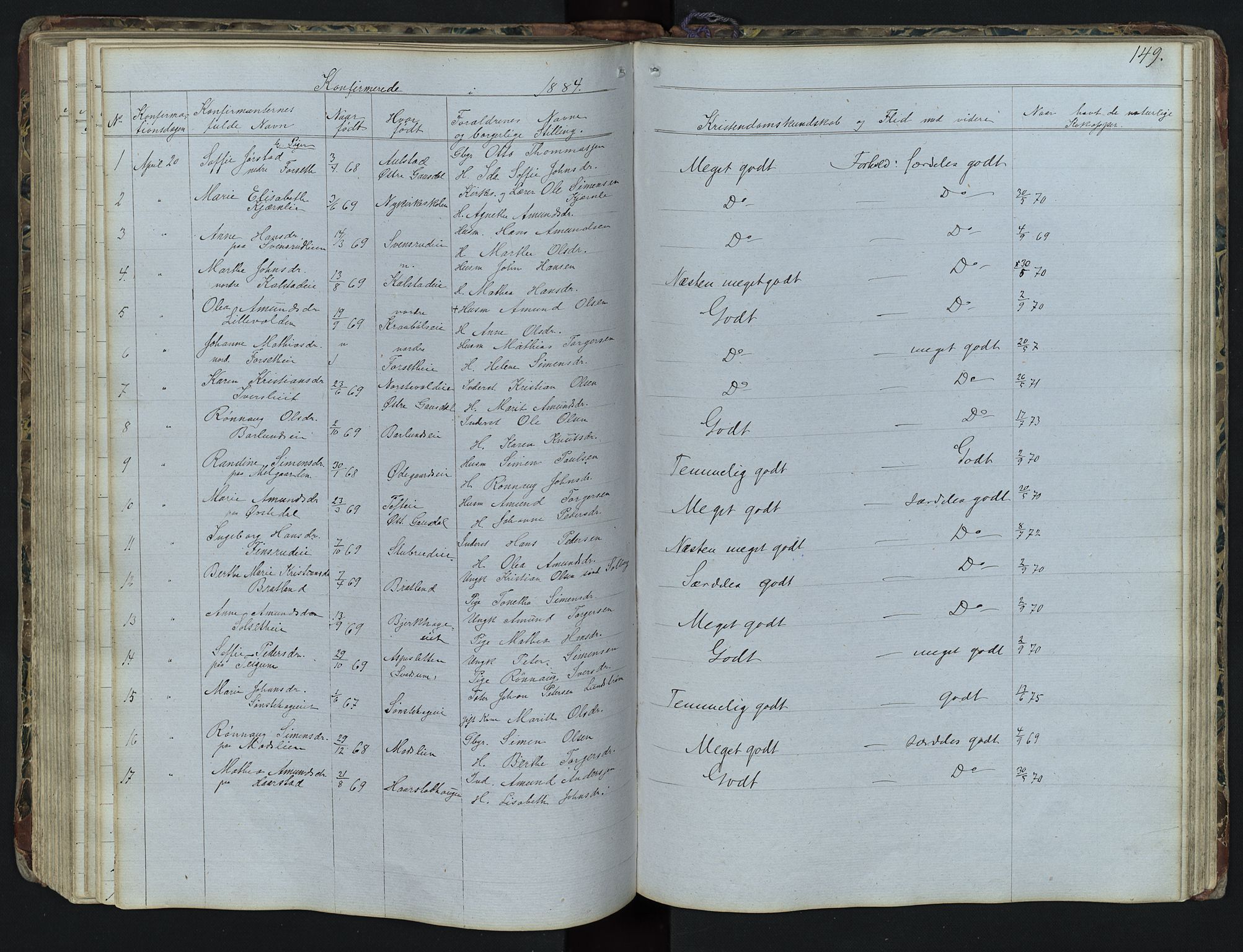 Vestre Gausdal prestekontor, AV/SAH-PREST-094/H/Ha/Hab/L0001: Klokkerbok nr. 1, 1867-1895, s. 149