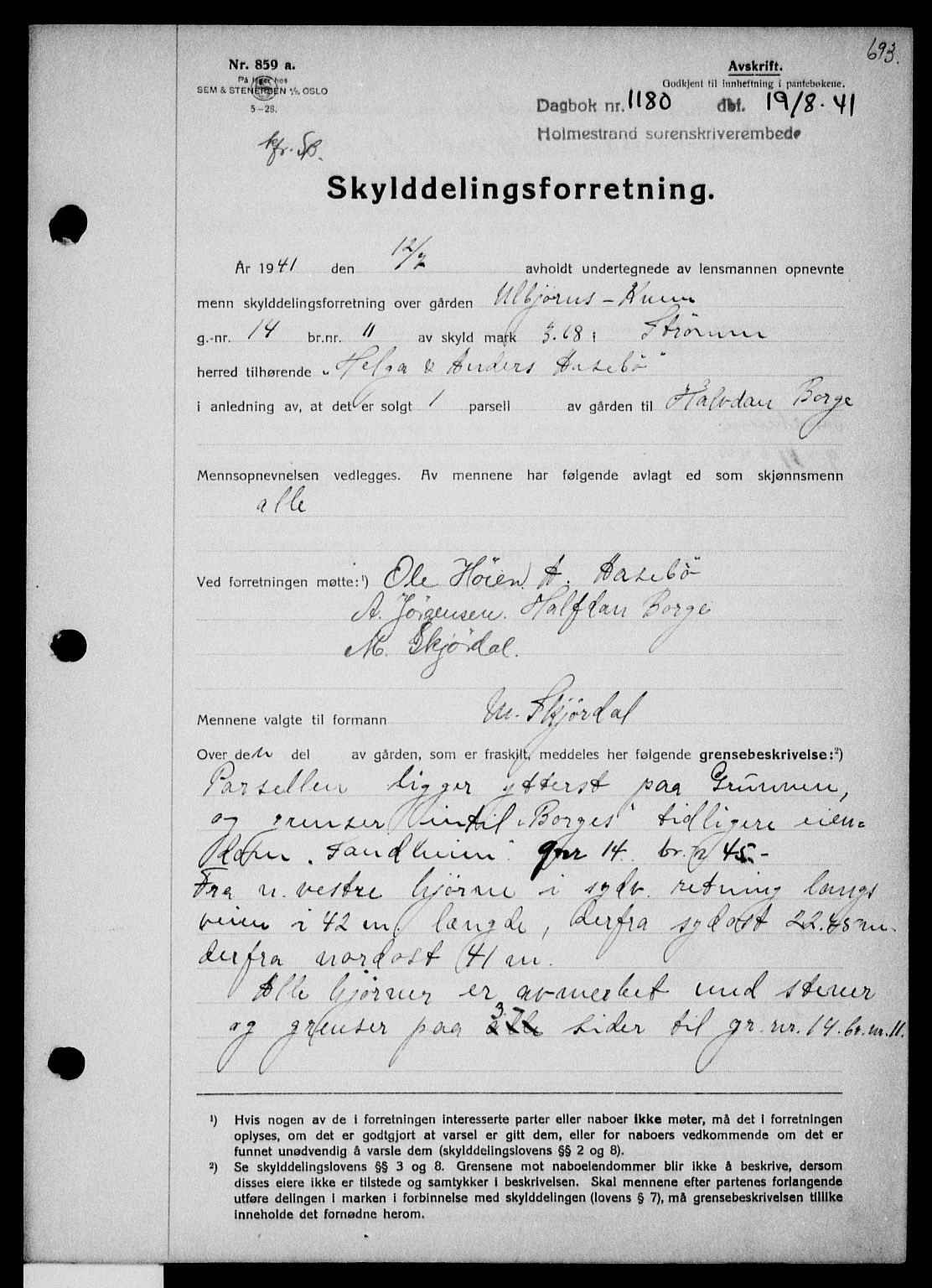 Holmestrand sorenskriveri, SAKO/A-67/G/Ga/Gaa/L0053: Pantebok nr. A-53, 1941-1941, Dagboknr: 1180/1941