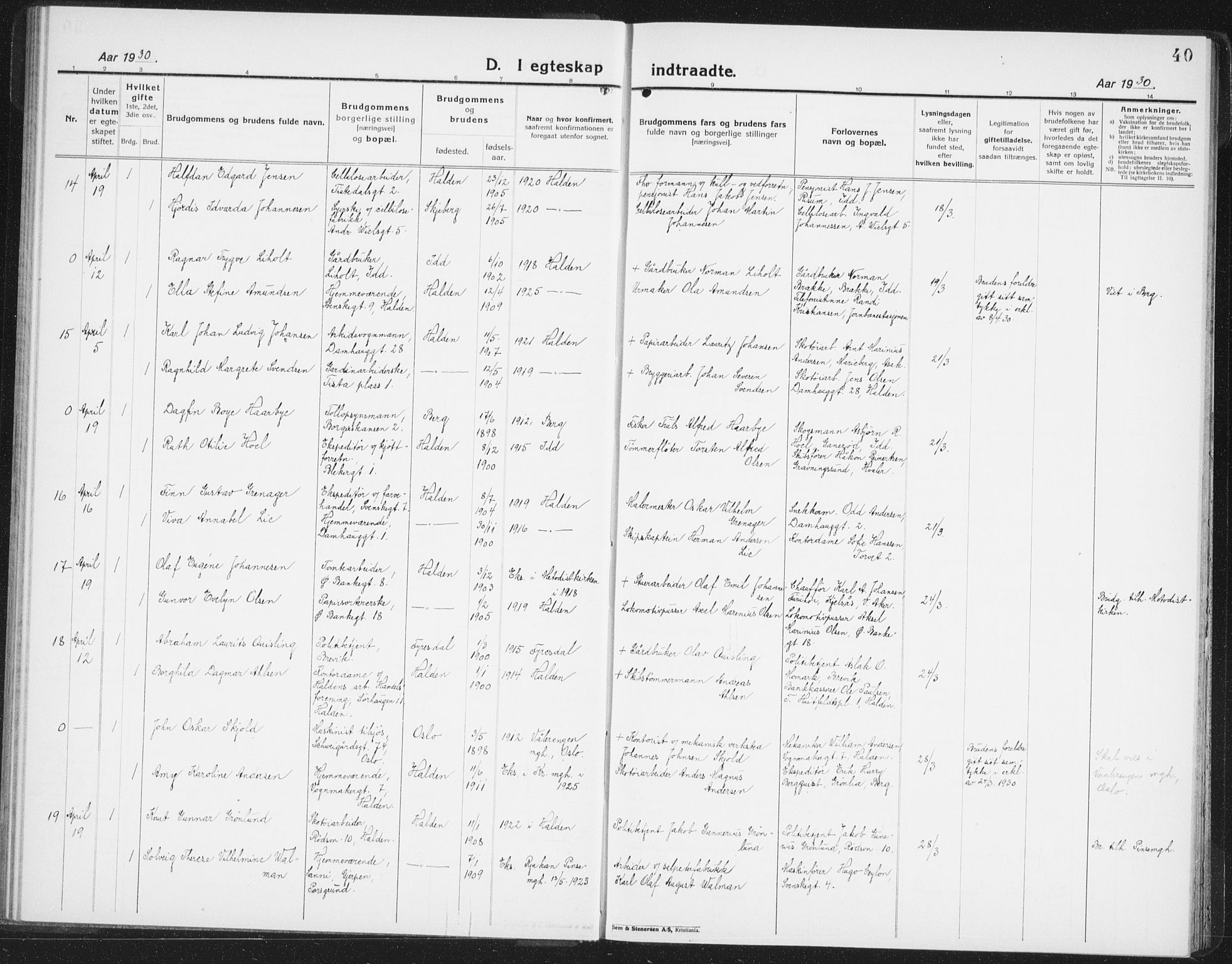 Halden prestekontor Kirkebøker, AV/SAO-A-10909/G/Ga/L0014: Klokkerbok nr. 14, 1925-1943, s. 40