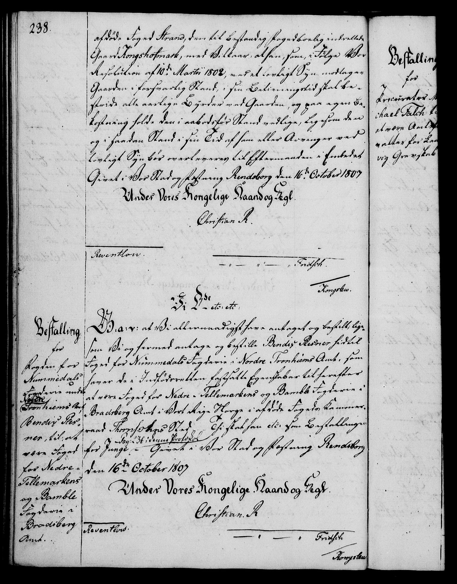 Rentekammeret, Kammerkanselliet, RA/EA-3111/G/Gg/Gge/L0006: Norsk bestallingsprotokoll med register (merket RK 53.30), 1773-1814, s. 238