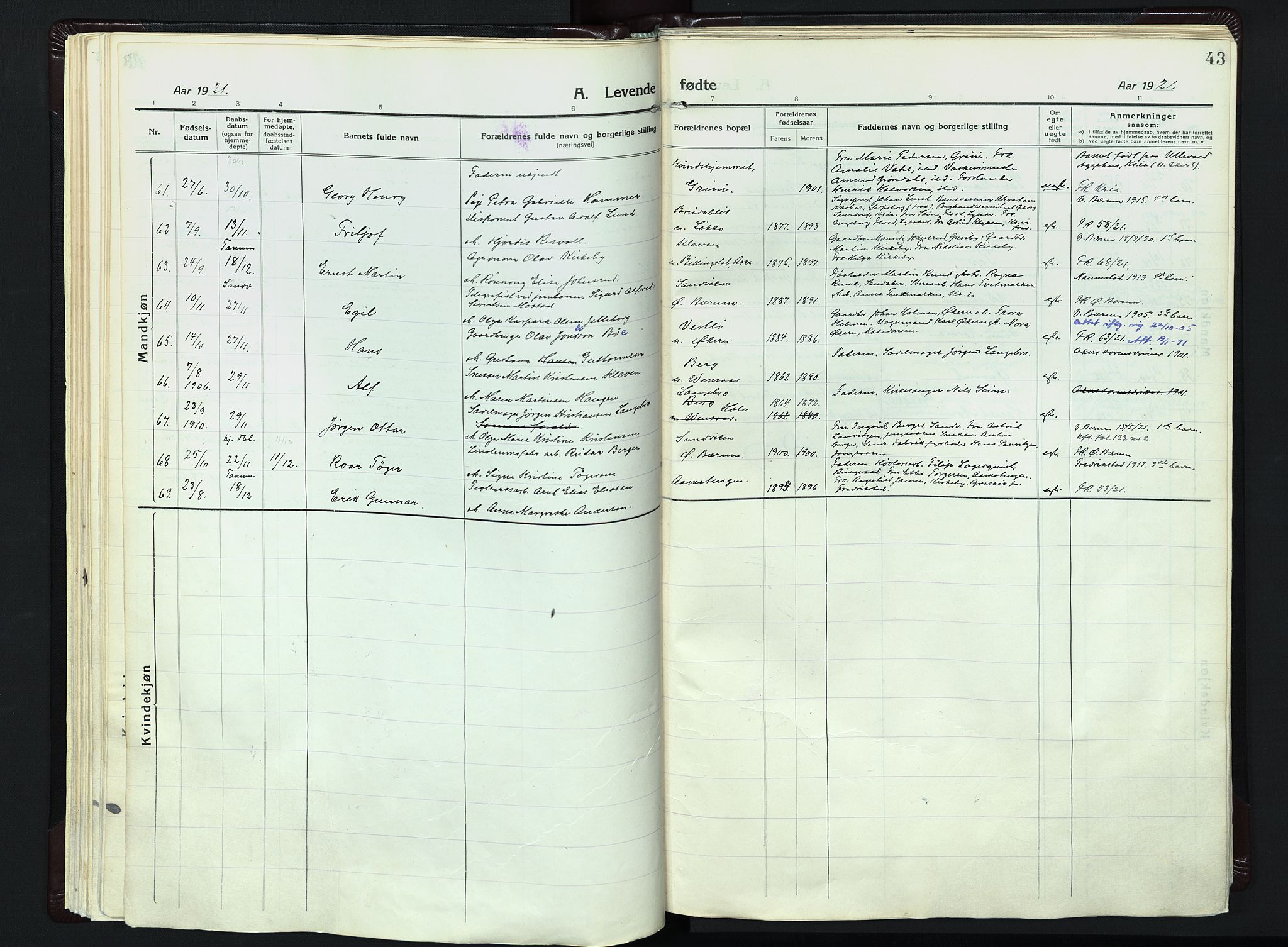 Vestre Bærum prestekontor Kirkebøker, AV/SAO-A-10209a/F/Fa/L0003: Ministerialbok nr. 3, 1916-1930, s. 43