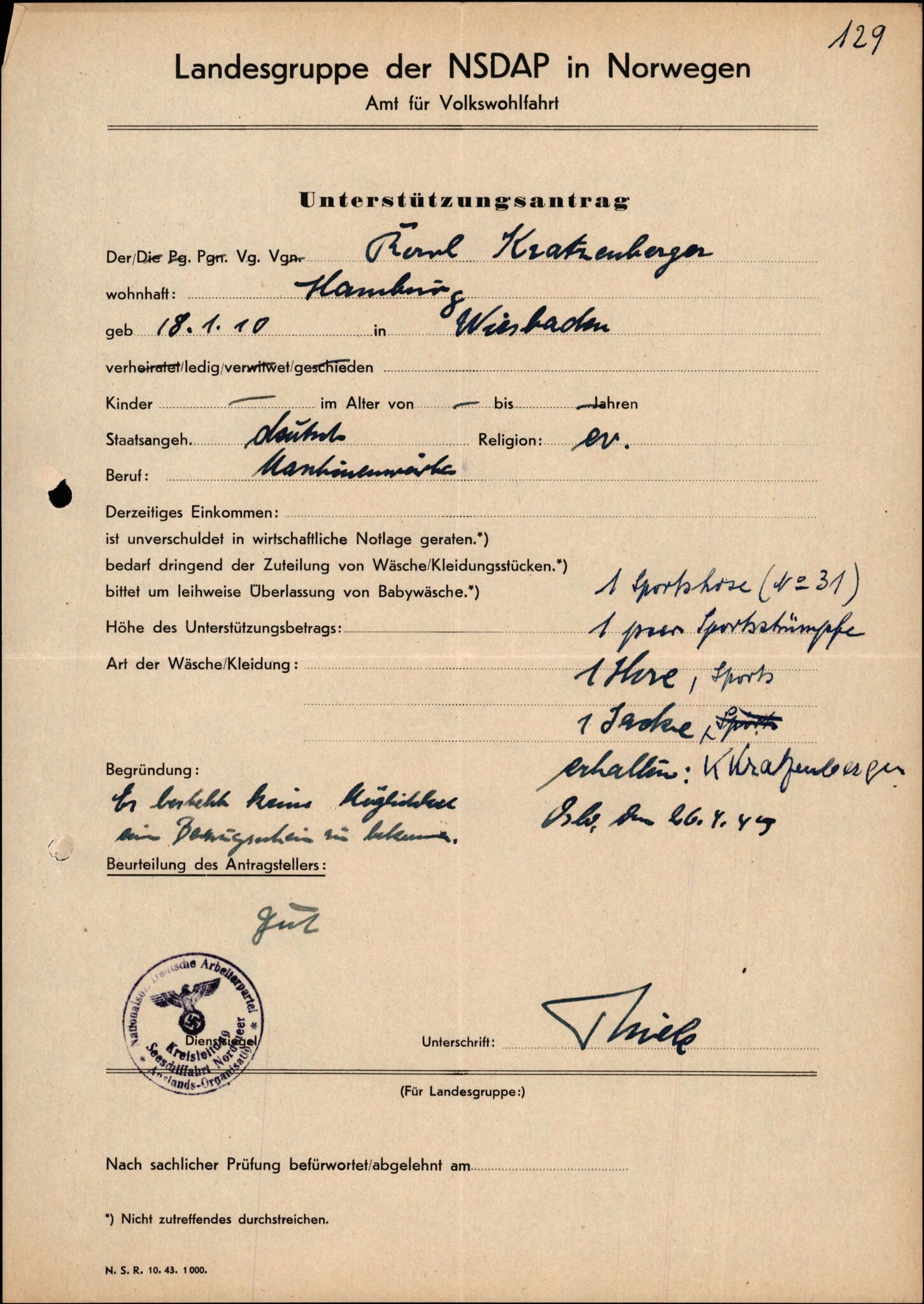 Forsvarets Overkommando. 2 kontor. Arkiv 11.4. Spredte tyske arkivsaker, AV/RA-RAFA-7031/D/Dar/Darb/L0015: Reichskommissariat - NSDAP in Norwegen, 1938-1945, s. 703