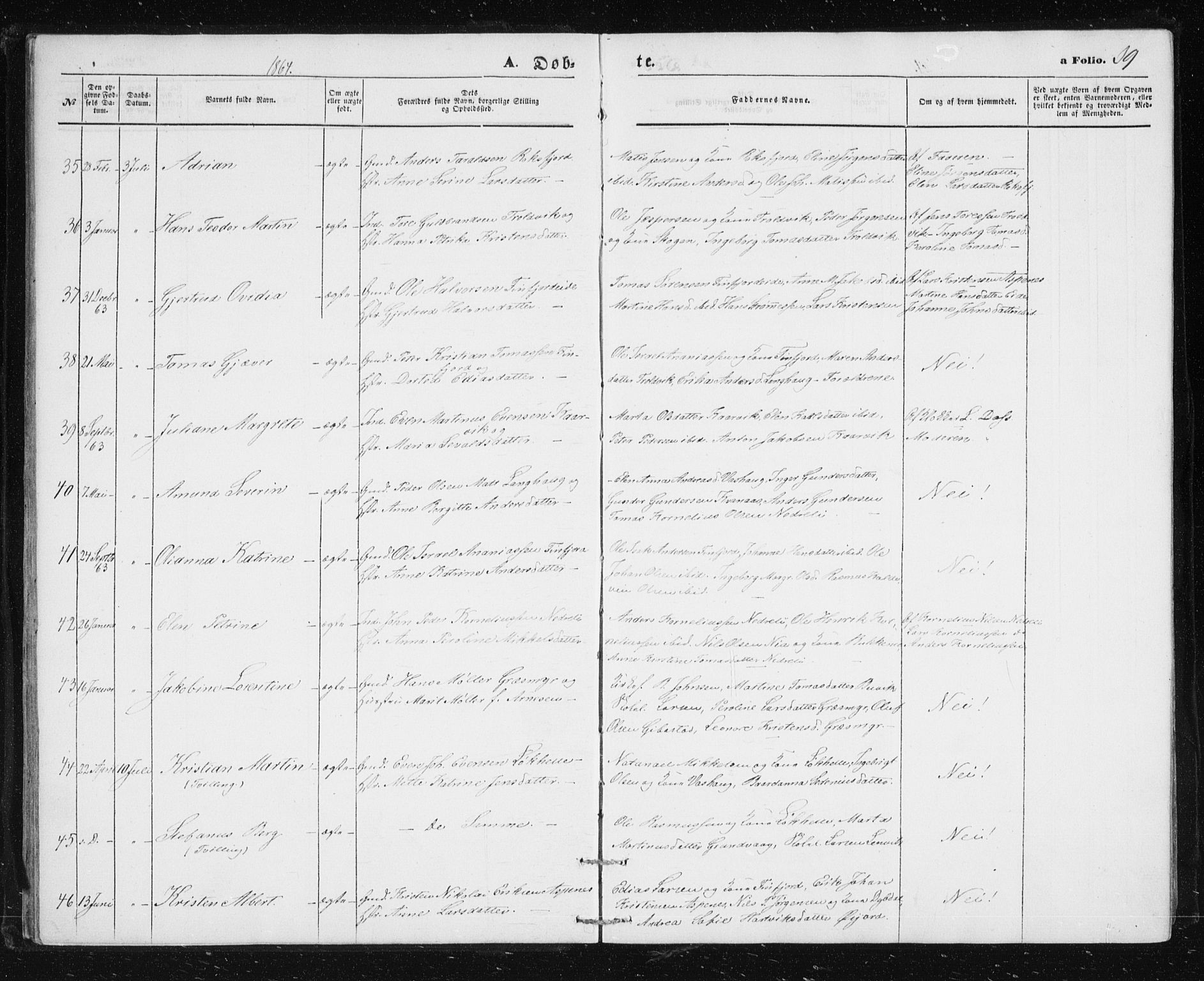 Lenvik sokneprestembete, AV/SATØ-S-1310/H/Ha/Hab/L0004klokker: Klokkerbok nr. 4, 1859-1869, s. 39