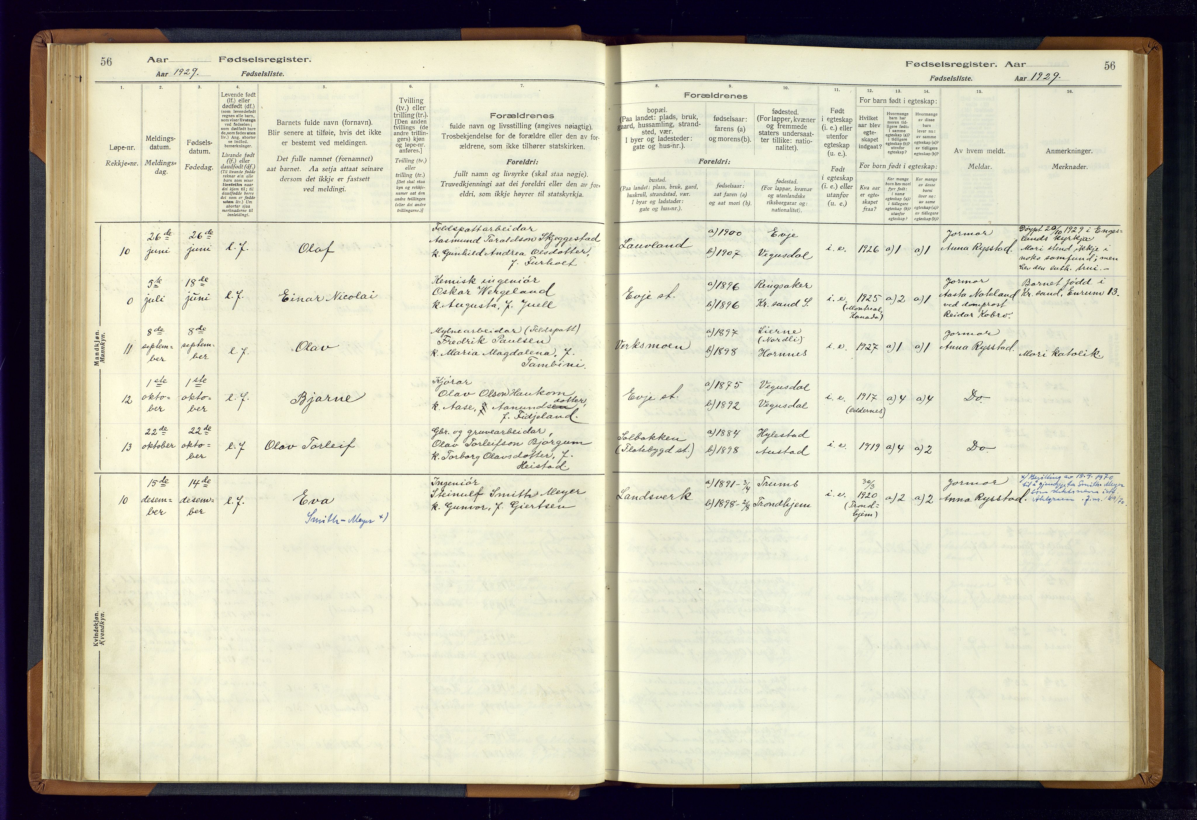 Evje sokneprestkontor, SAK/1111-0008/J/Jc/L0004: Fødselsregister nr. 4, 1916-1968, s. 56