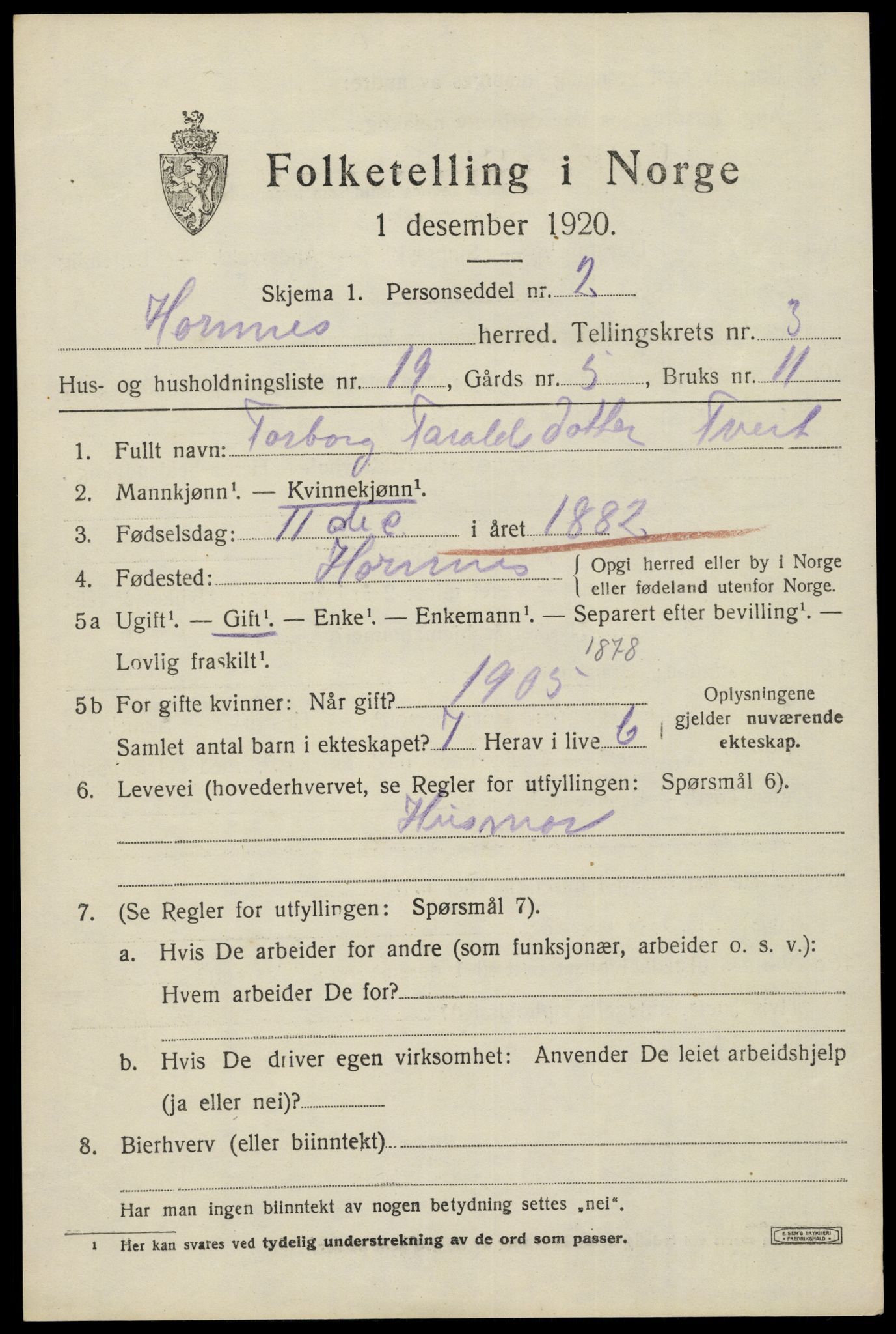 SAK, Folketelling 1920 for 0936 Hornnes herred, 1920, s. 1023