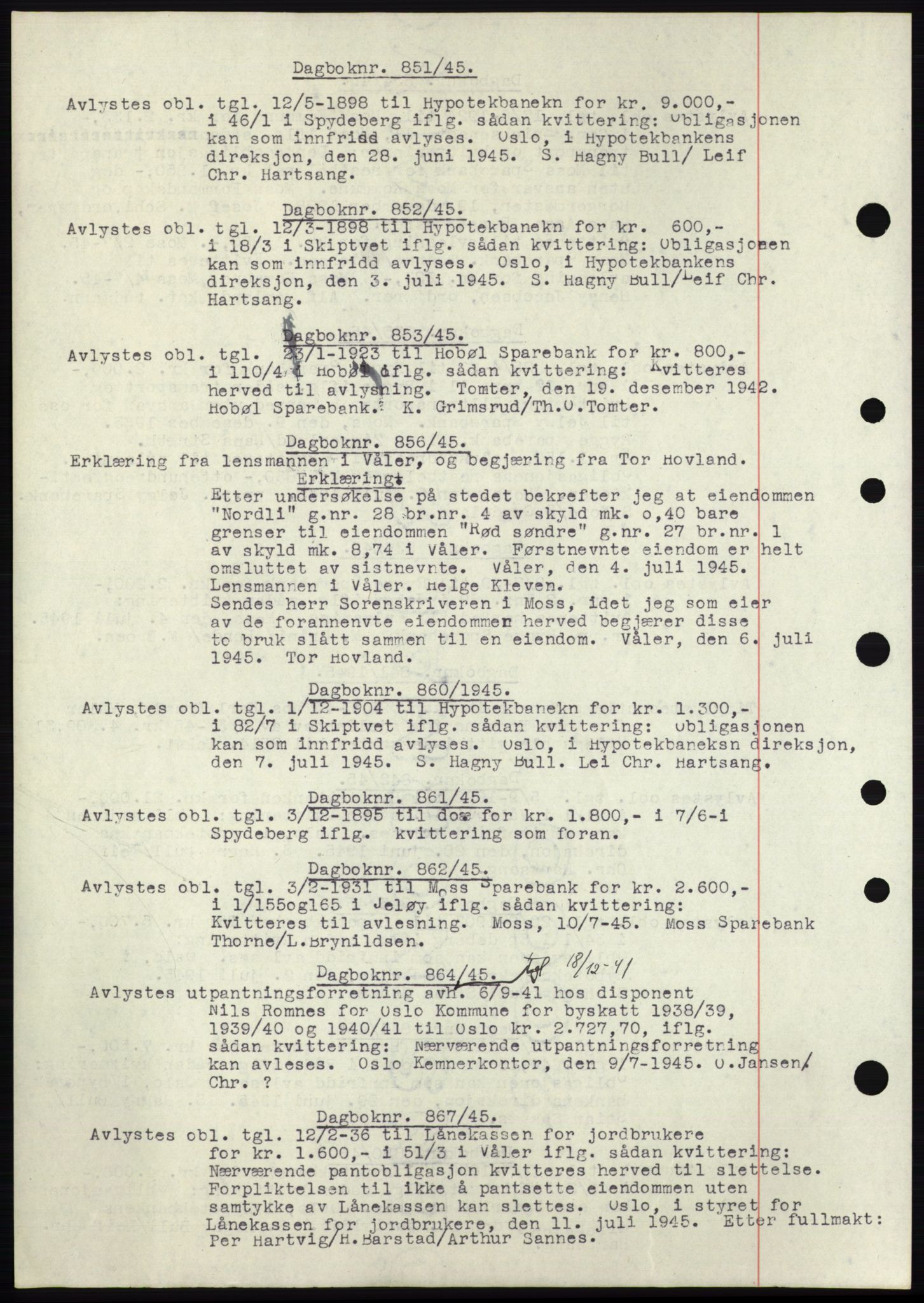 Moss sorenskriveri, SAO/A-10168: Pantebok nr. C10, 1938-1950, Dagboknr: 851/1945