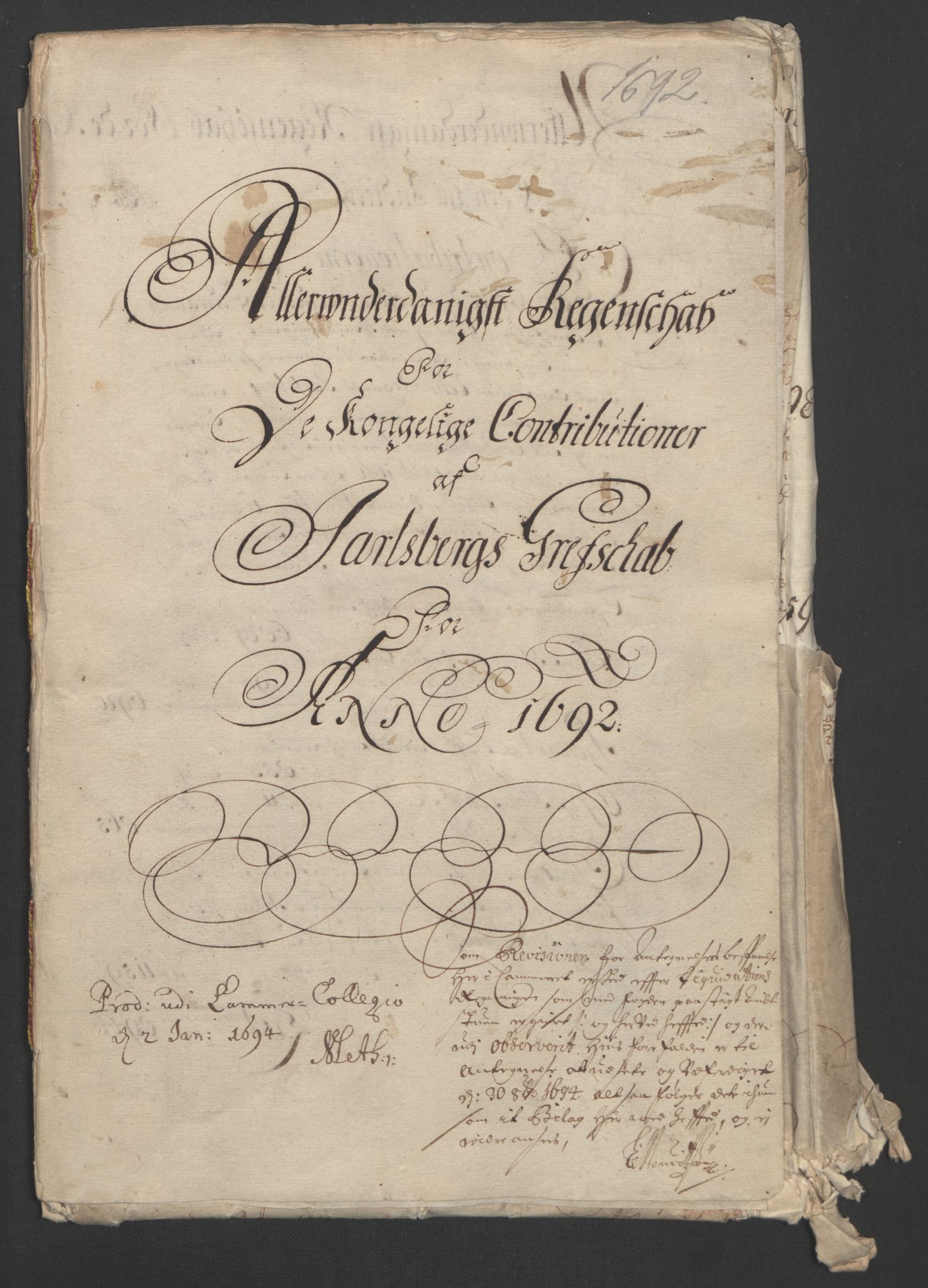 Rentekammeret inntil 1814, Reviderte regnskaper, Fogderegnskap, RA/EA-4092/R32/L1865: Fogderegnskap Jarlsberg grevskap, 1692, s. 3