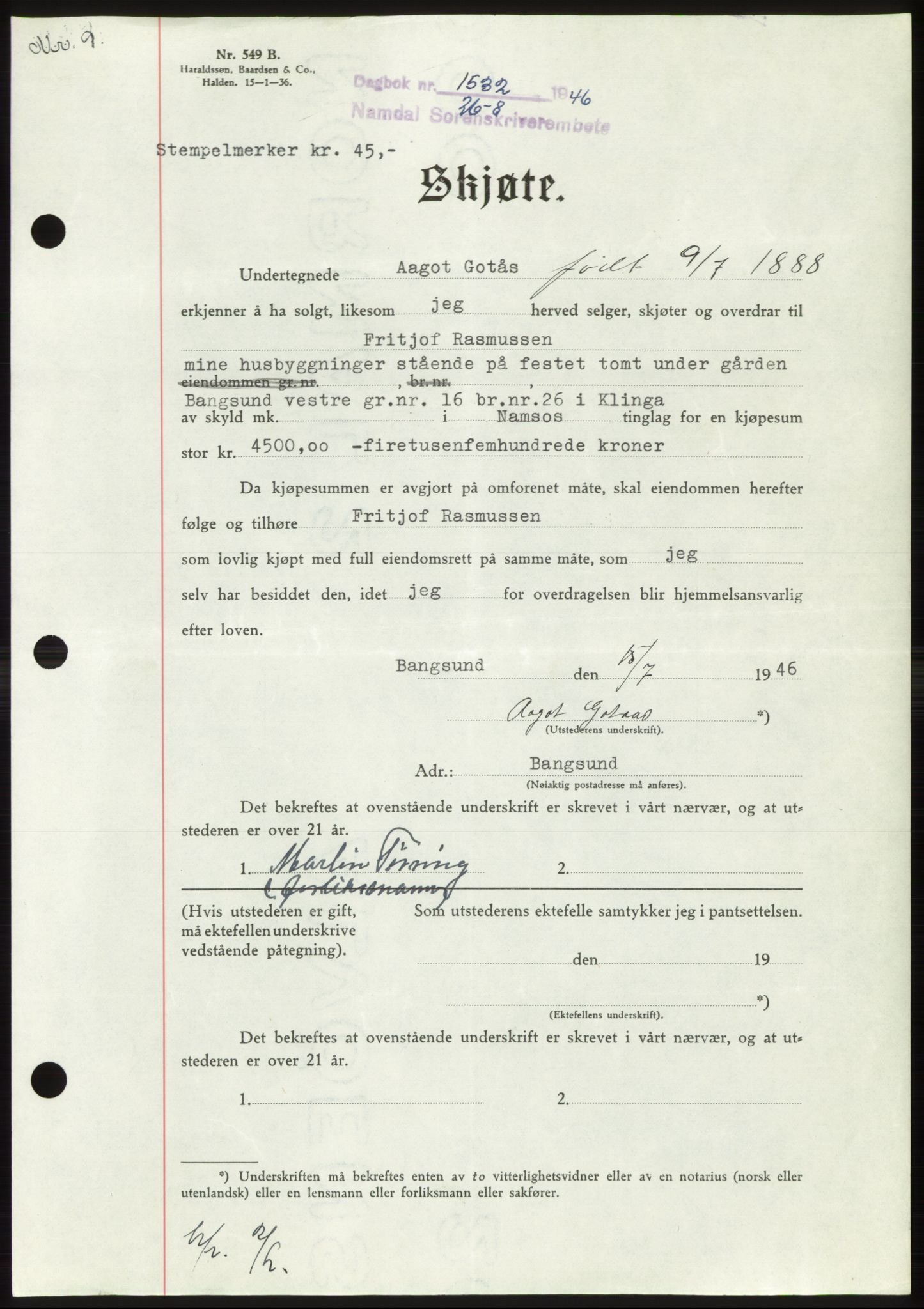 Namdal sorenskriveri, SAT/A-4133/1/2/2C: Pantebok nr. -, 1946-1946, Dagboknr: 1532/1946