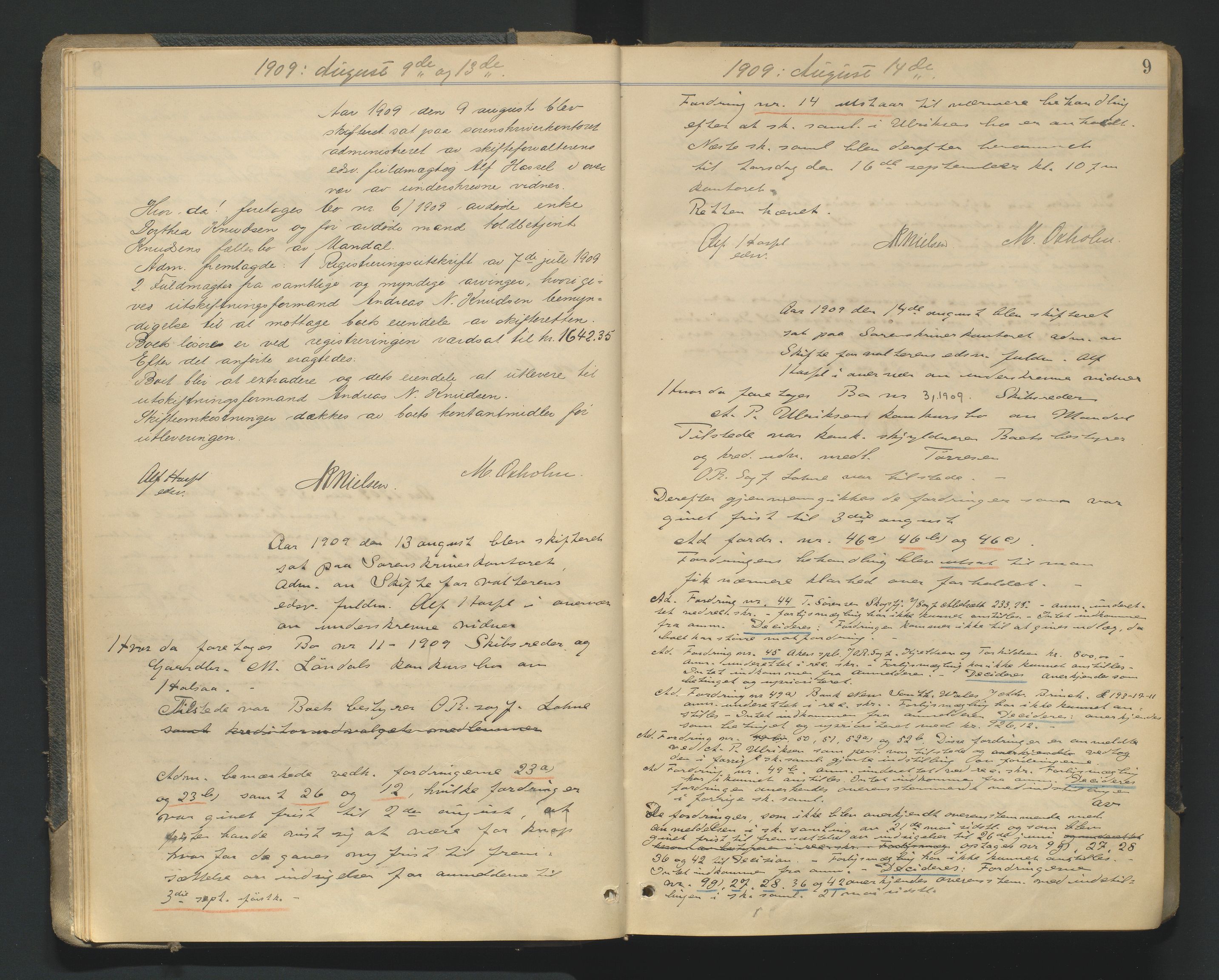 Mandal sorenskriveri, AV/SAK-1221-0005/001/H/Hc/L0081: Skifteforhandlingsprotokoll nr 13, 1909-1913, s. 9