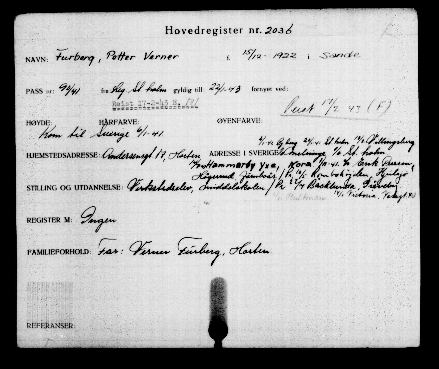 Utenriksstasjonene, Legasjonen i Stockholm, Flyktningkontoret, AV/RA-S-6753/V/Va/L0003: Kjesäterkartoteket, flyktninger med registreringsnr. 2001-3495, 1940-1945, s. 50