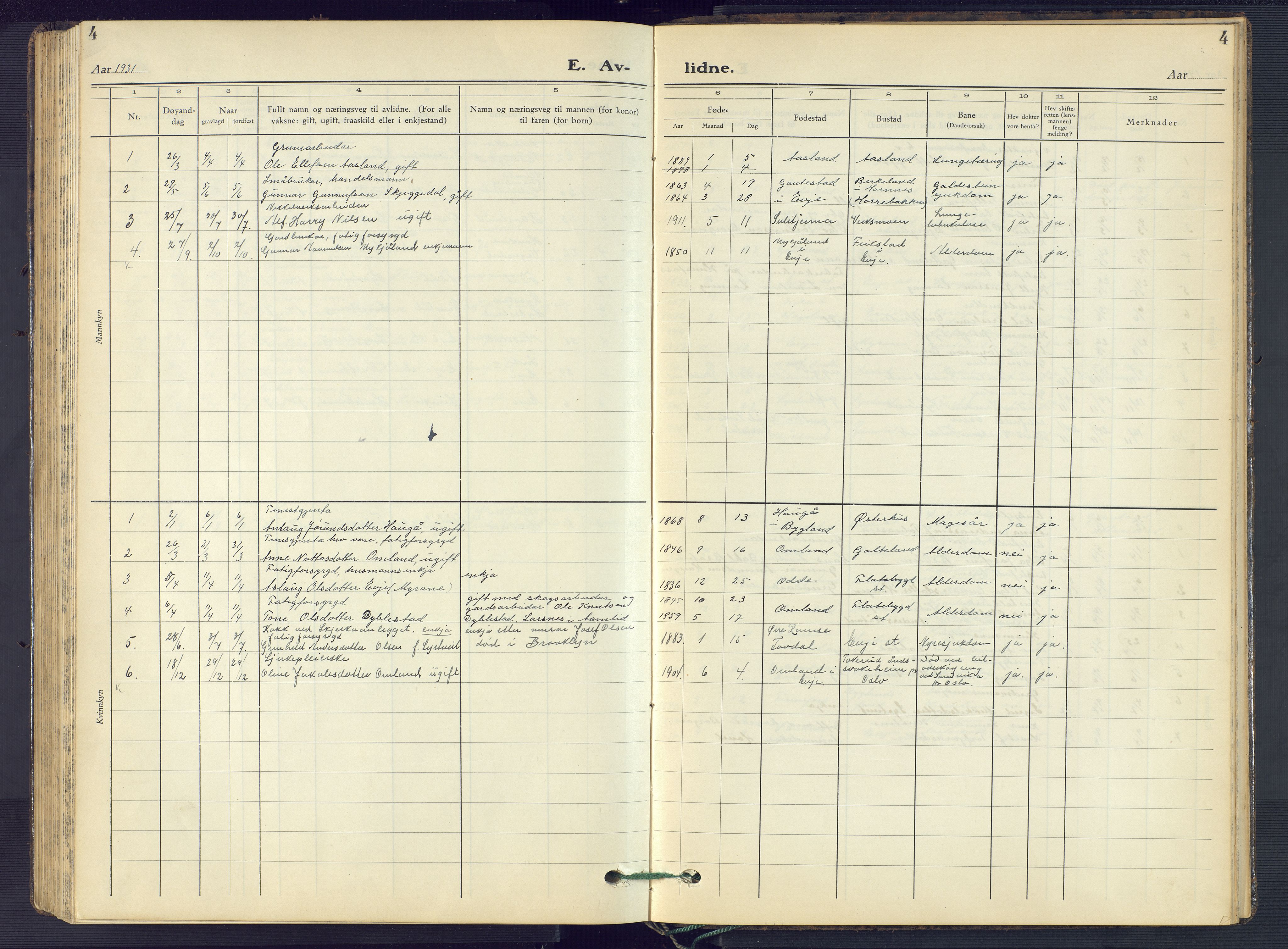 Evje sokneprestkontor, SAK/1111-0008/F/Fb/Fba/L0006: Klokkerbok nr. B 6, 1927-1956, s. 4