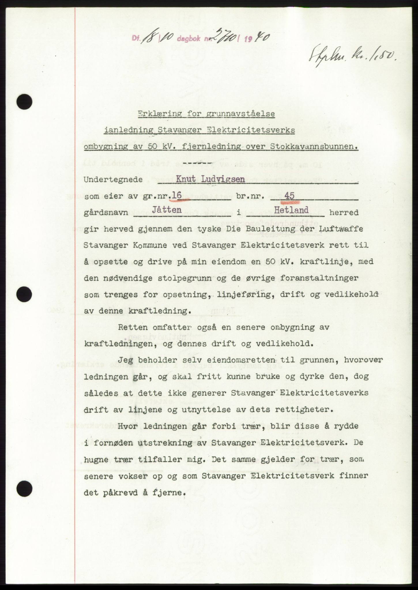 Jæren sorenskriveri, SAST/A-100310/03/G/Gba/L0078: Pantebok, 1940-1940, Dagboknr: 2710/1940