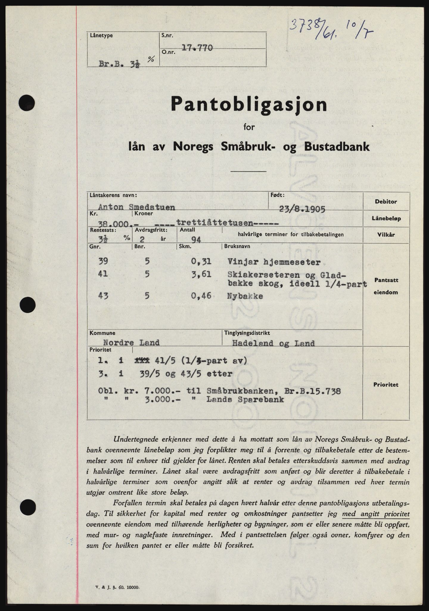 Hadeland og Land tingrett, SAH/TING-010/H/Hb/Hbc/L0046: Pantebok nr. B46, 1961-1961, Dagboknr: 2738/1961