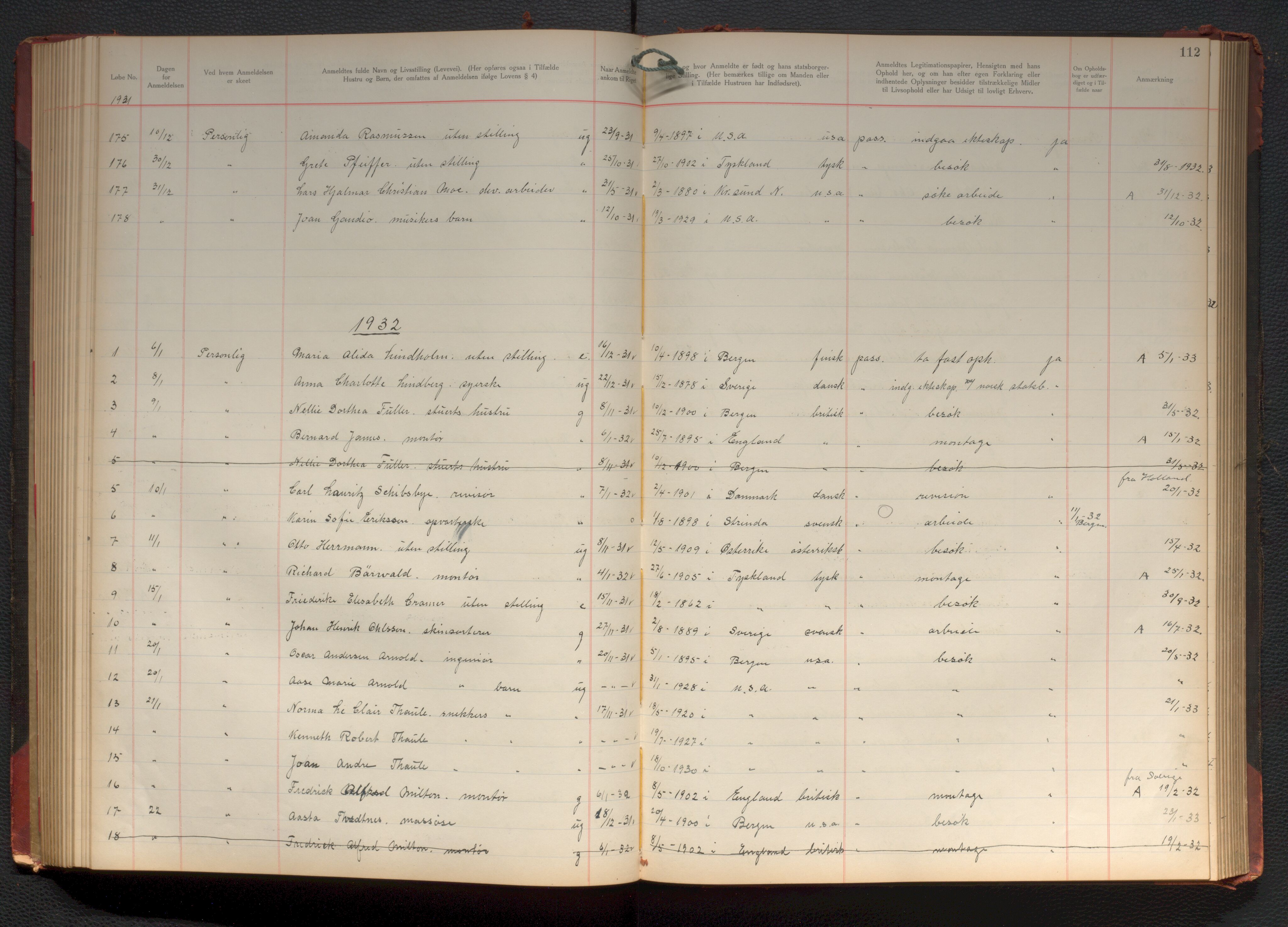 Bergen politikammer / politidistrikt, AV/SAB-A-60401/J.d/L0004: Fremmedprotokoll, 1925-1936, s. 112