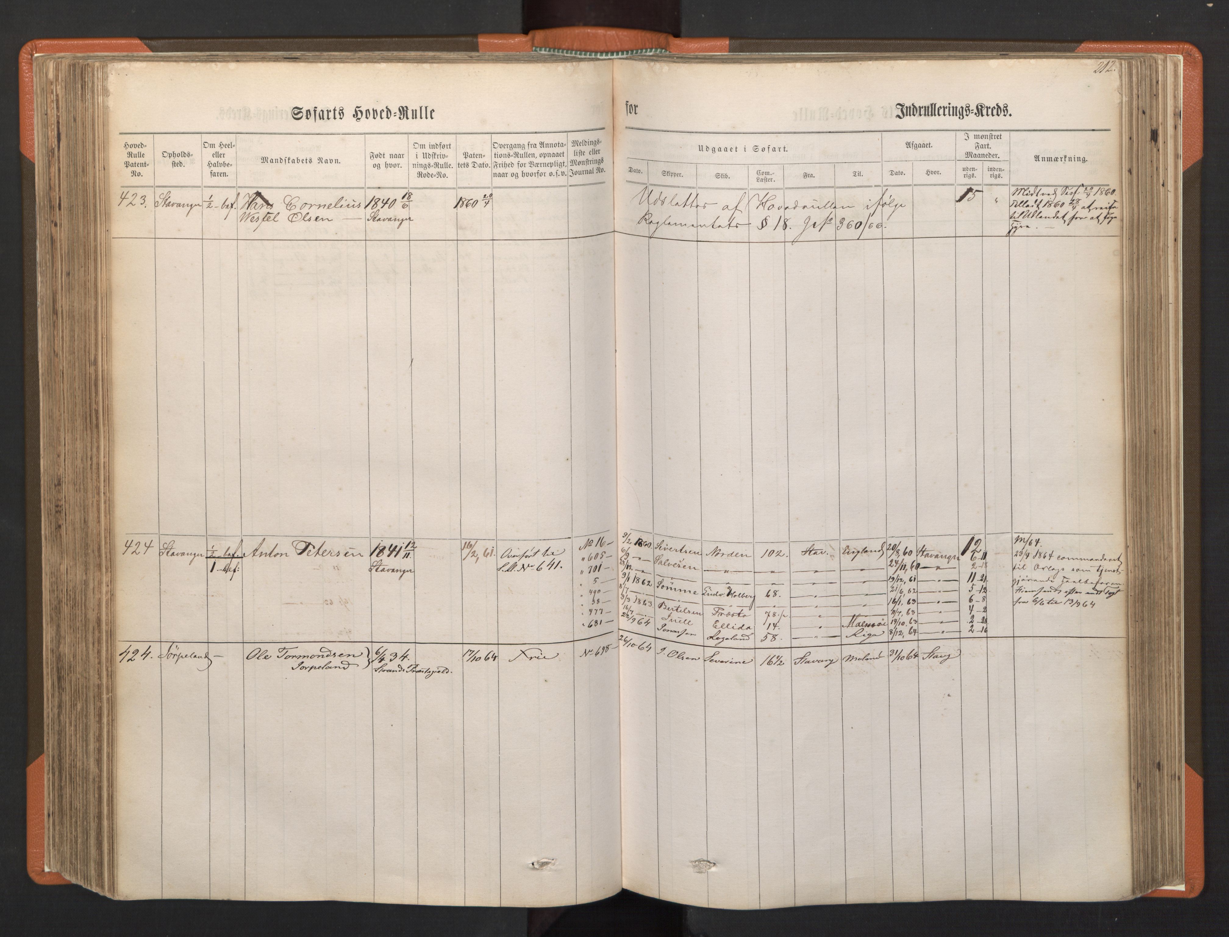 Stavanger sjømannskontor, AV/SAST-A-102006/F/Fb/Fbb/L0001: Sjøfartshovedrulle, patentnr. 1-720 (del 1), 1860-1863, s. 216