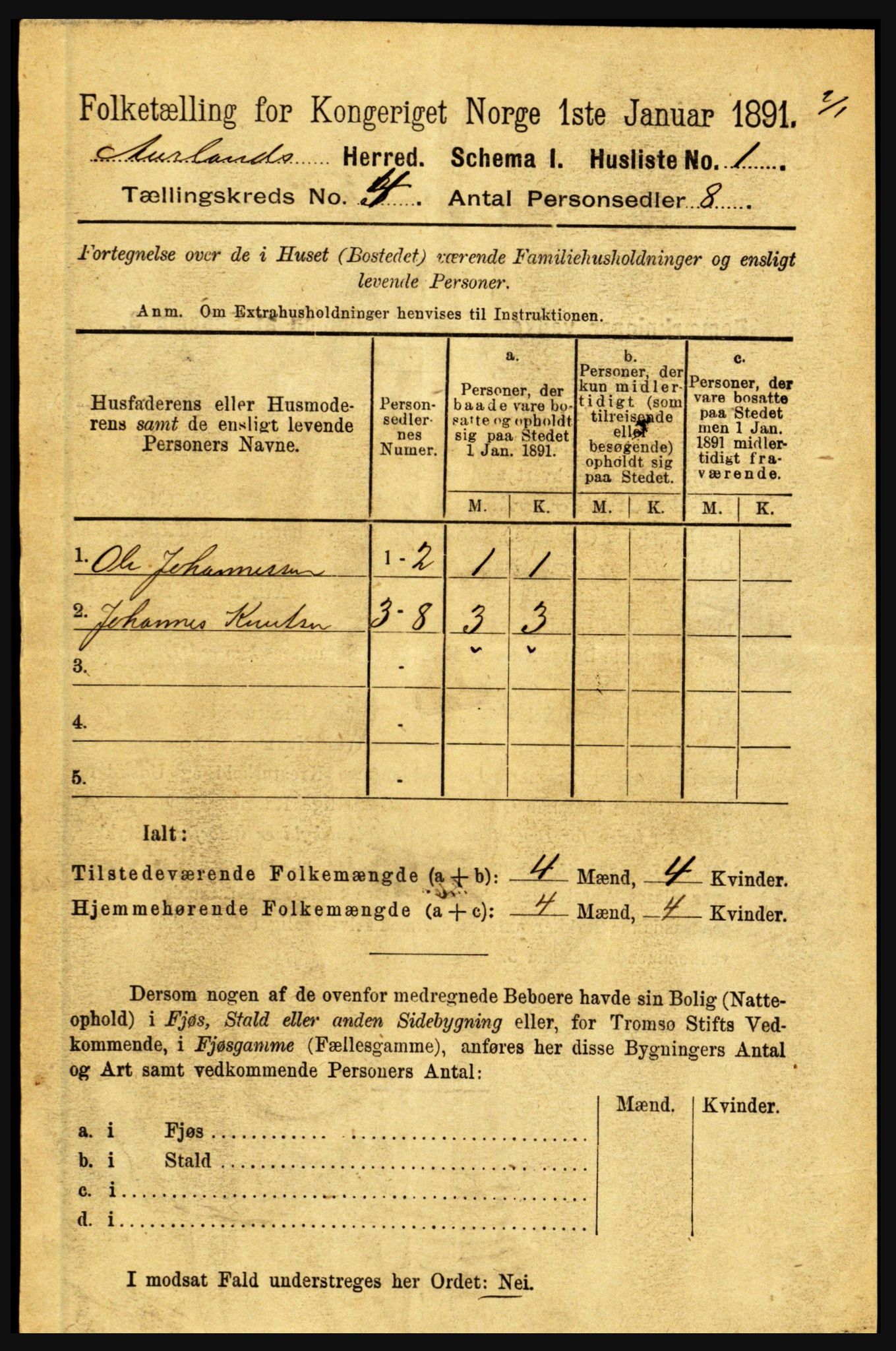 RA, Folketelling 1891 for 1421 Aurland herred, 1891, s. 1285