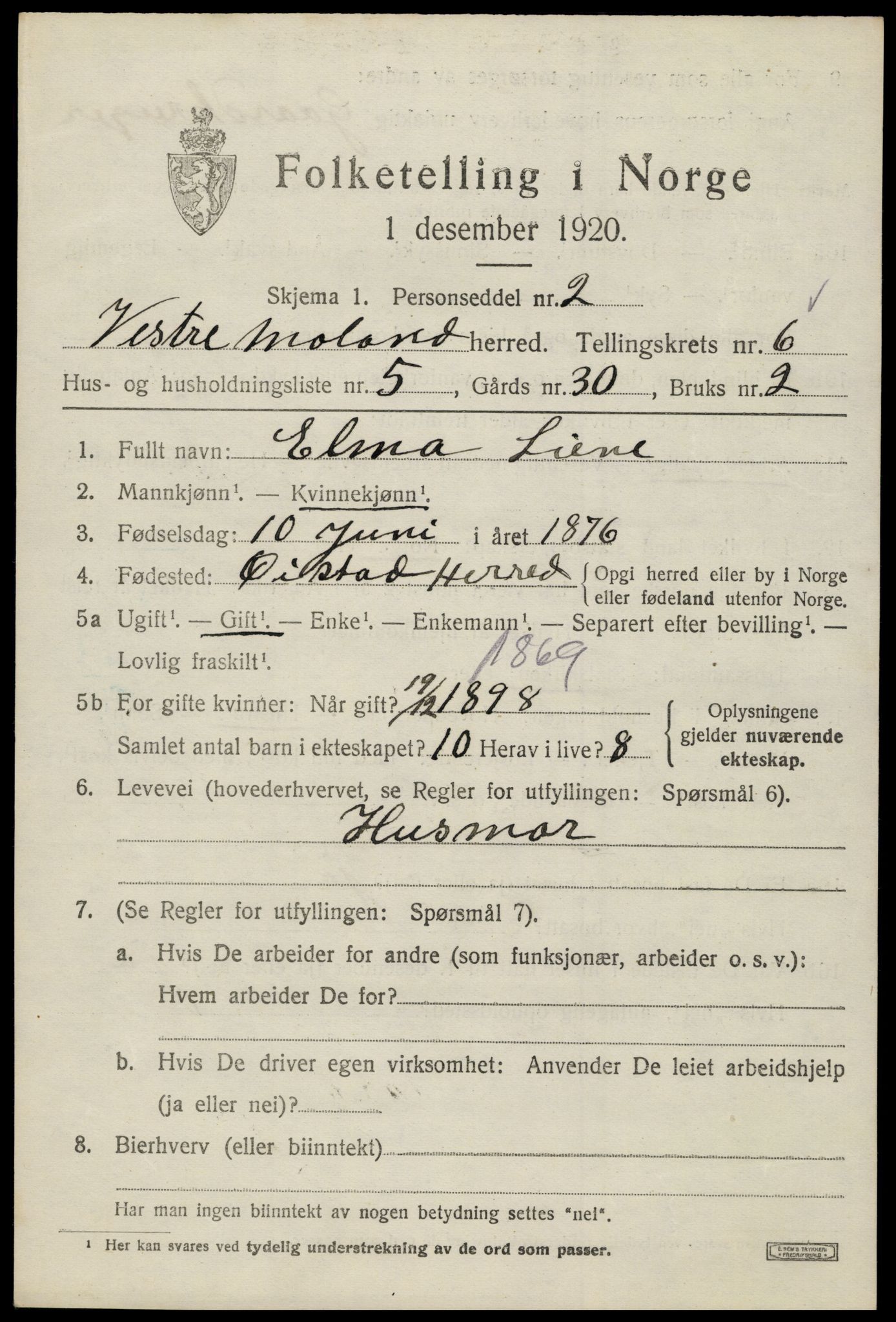 SAK, Folketelling 1920 for 0926 Vestre Moland herred, 1920, s. 4631