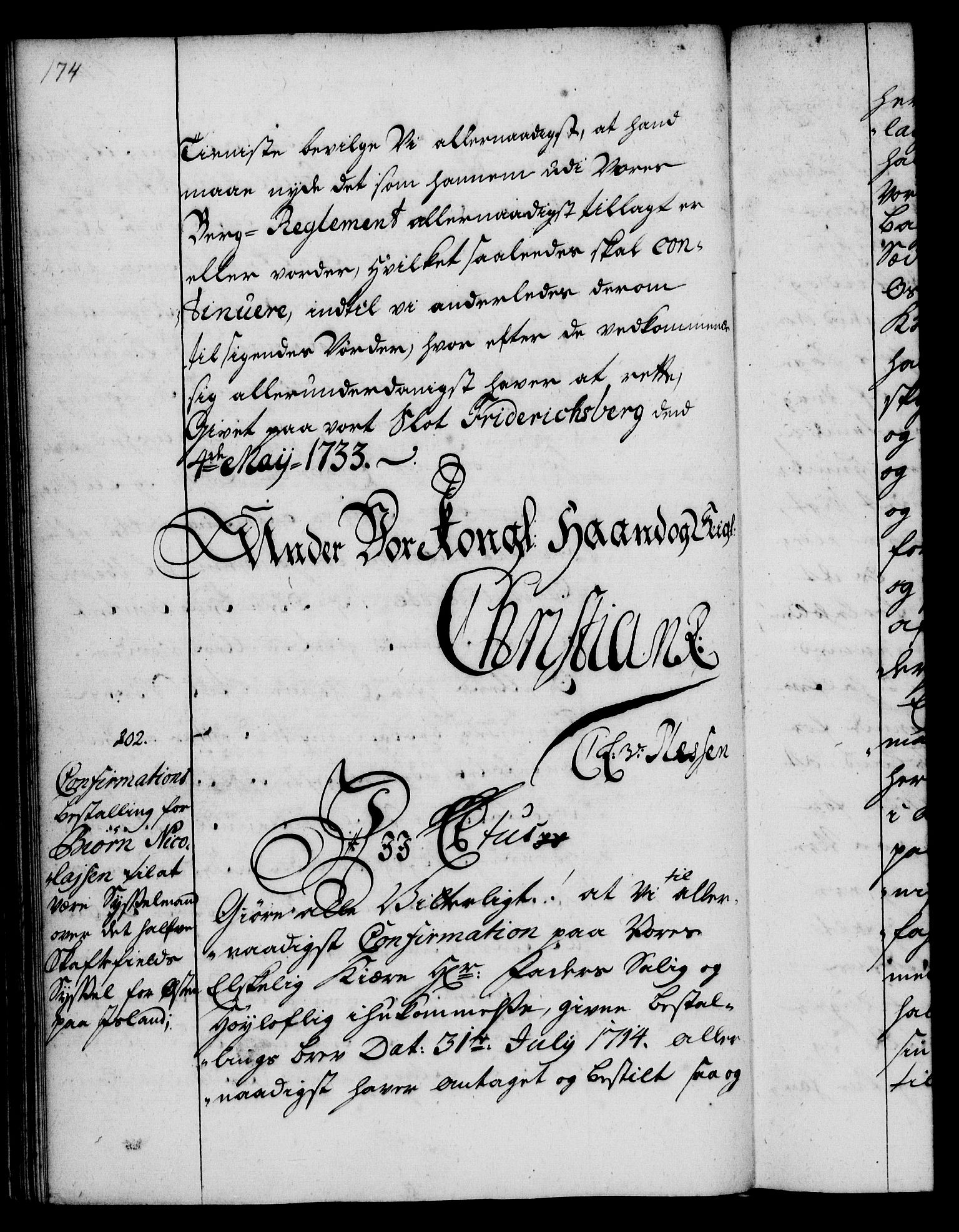 Rentekammeret, Kammerkanselliet, RA/EA-3111/G/Gg/Ggg/L0001: Norsk konfirmasjonsbestallingsprotokoll med register (merket RK 53.31), 1731-1737, s. 174
