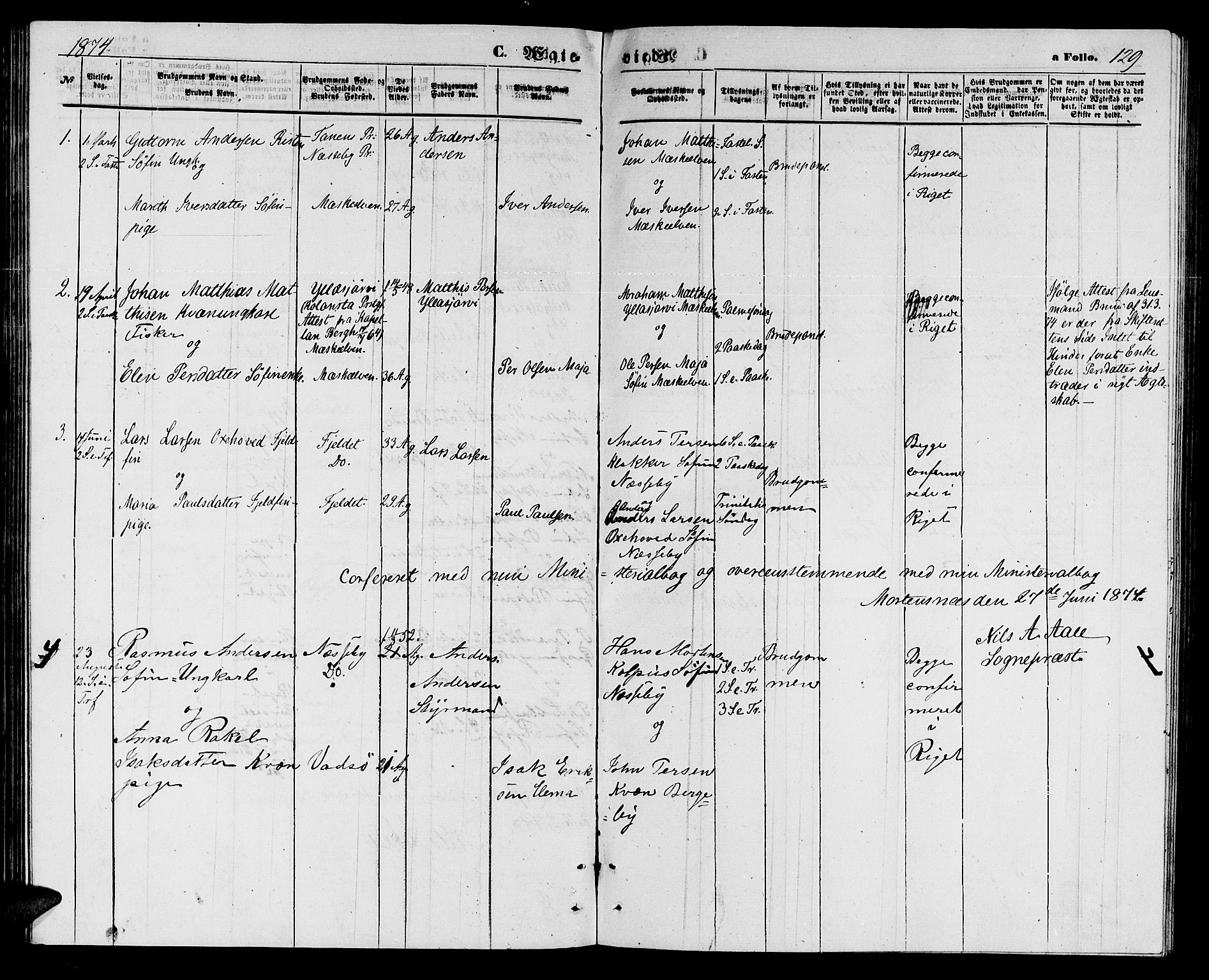 Nesseby sokneprestkontor, AV/SATØ-S-1330/H/Hb/L0003klokker: Klokkerbok nr. 3, 1869-1876, s. 129