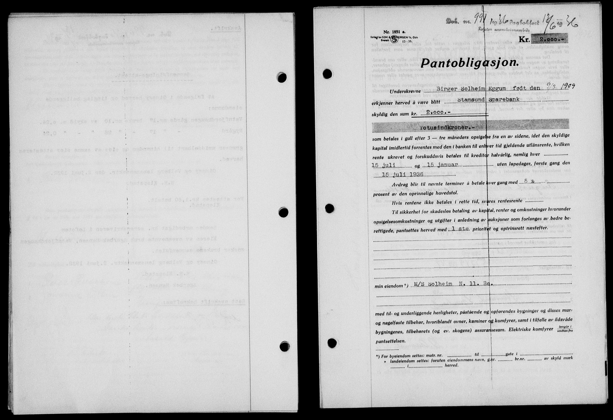 Lofoten sorenskriveri, SAT/A-0017/1/2/2C/L0033b: Pantebok nr. 33b, 1936-1936, Dagboknr: 991/1936