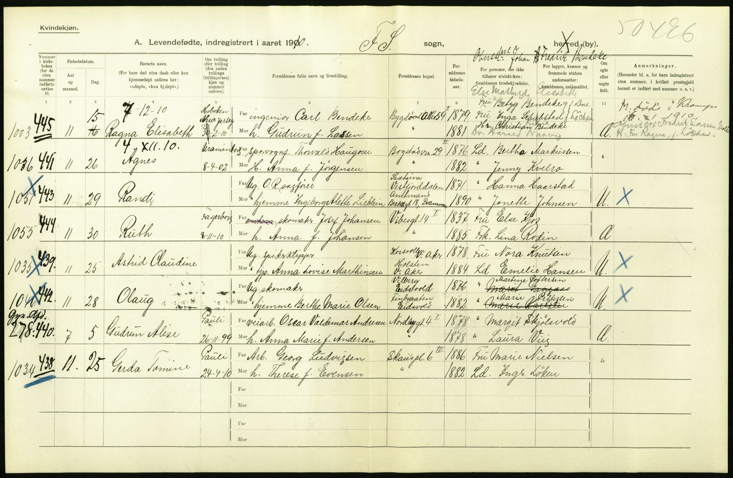 Statistisk sentralbyrå, Sosiodemografiske emner, Befolkning, RA/S-2228/D/Df/Dfa/Dfah/L0007: Kristiania: Levendefødte kvinner., 1910, s. 504