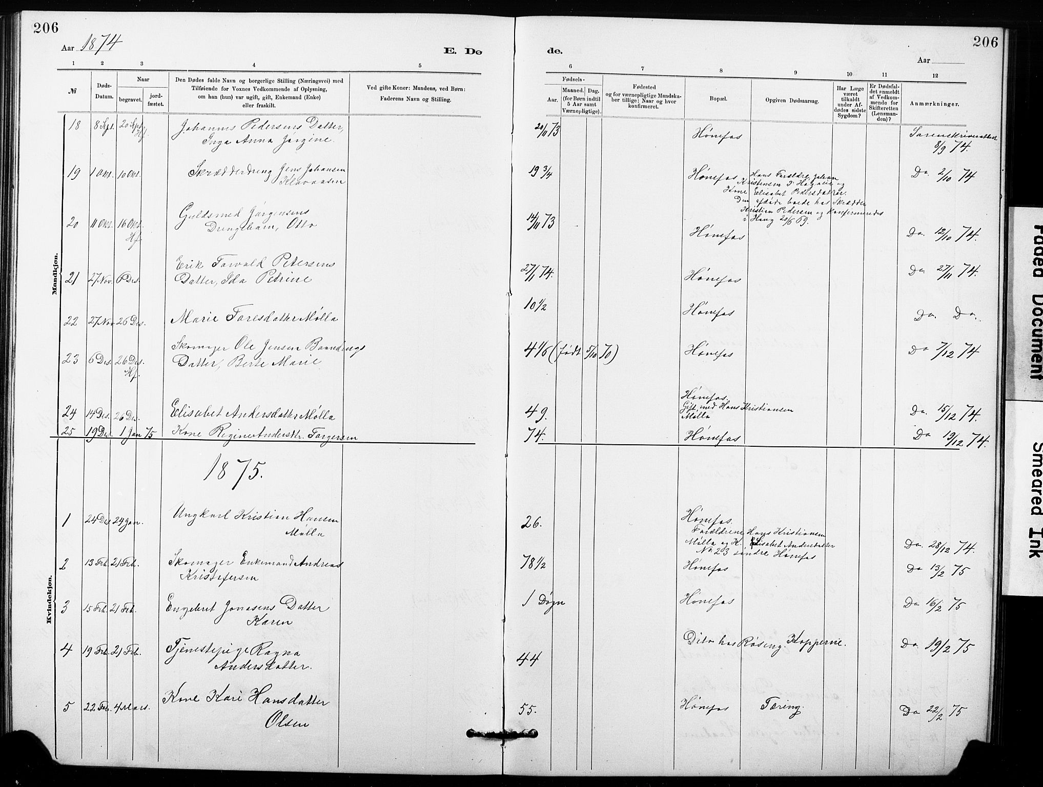 Hønefoss kirkebøker, AV/SAKO-A-609/G/Ga/L0001: Klokkerbok nr. 1, 1870-1887, s. 206