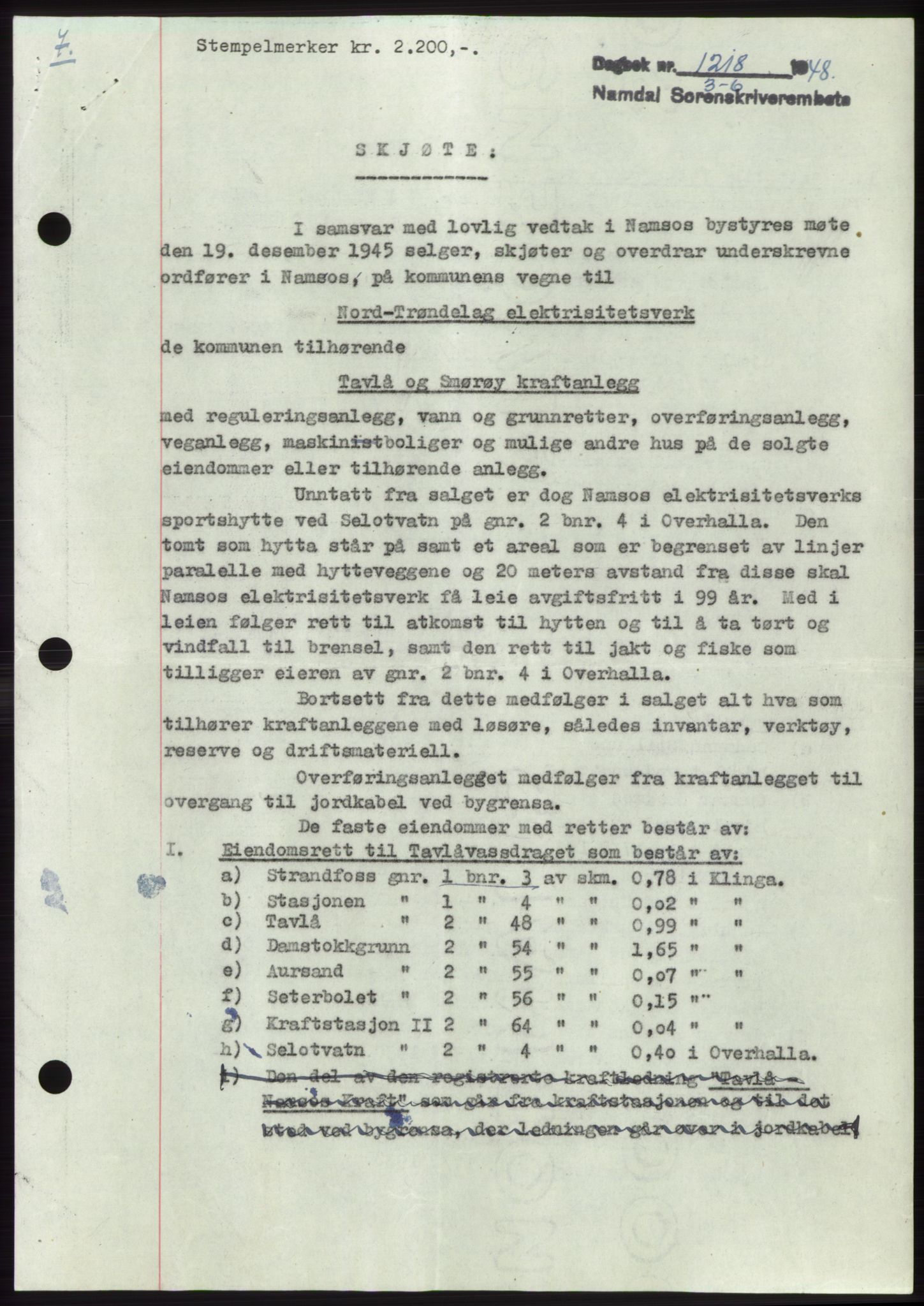 Namdal sorenskriveri, SAT/A-4133/1/2/2C: Pantebok nr. -, 1948-1948, Dagboknr: 1218/1948