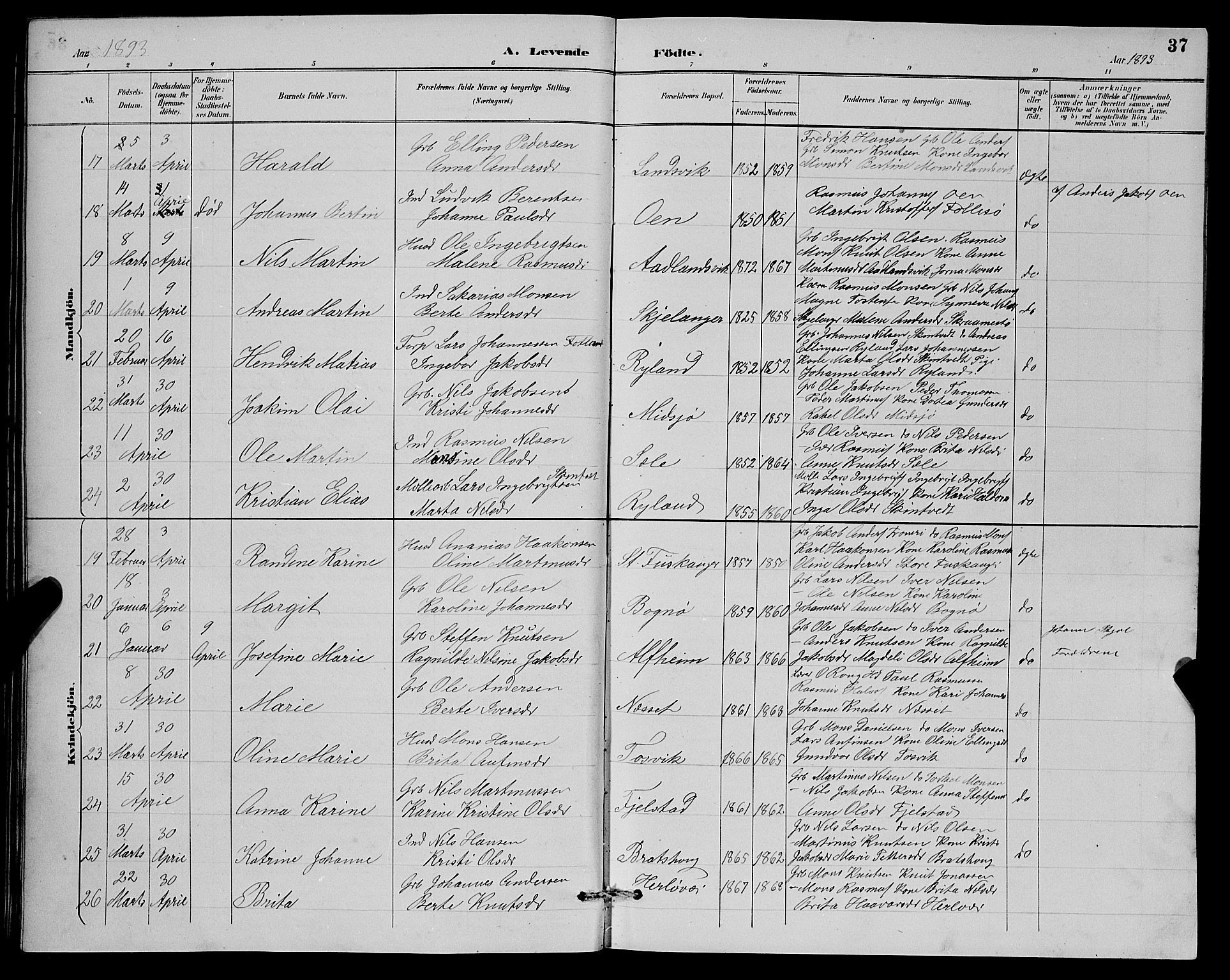 Herdla Sokneprestembete, AV/SAB-A-75701/H/Hab: Klokkerbok nr. A 3, 1889-1899, s. 37