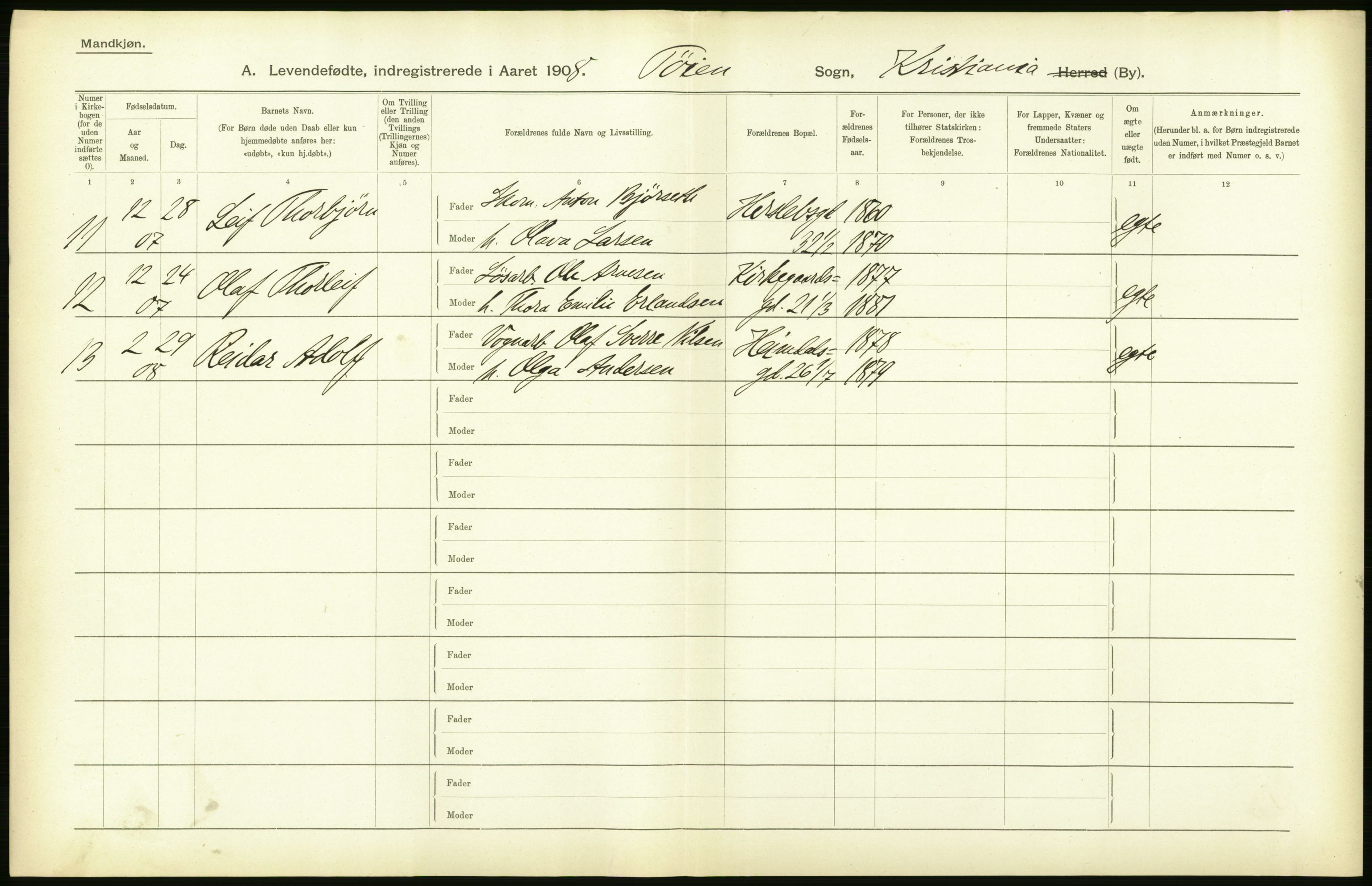 Statistisk sentralbyrå, Sosiodemografiske emner, Befolkning, AV/RA-S-2228/D/Df/Dfa/Dfaf/L0005: Kristiania: Levendefødte menn og kvinner., 1908, s. 44