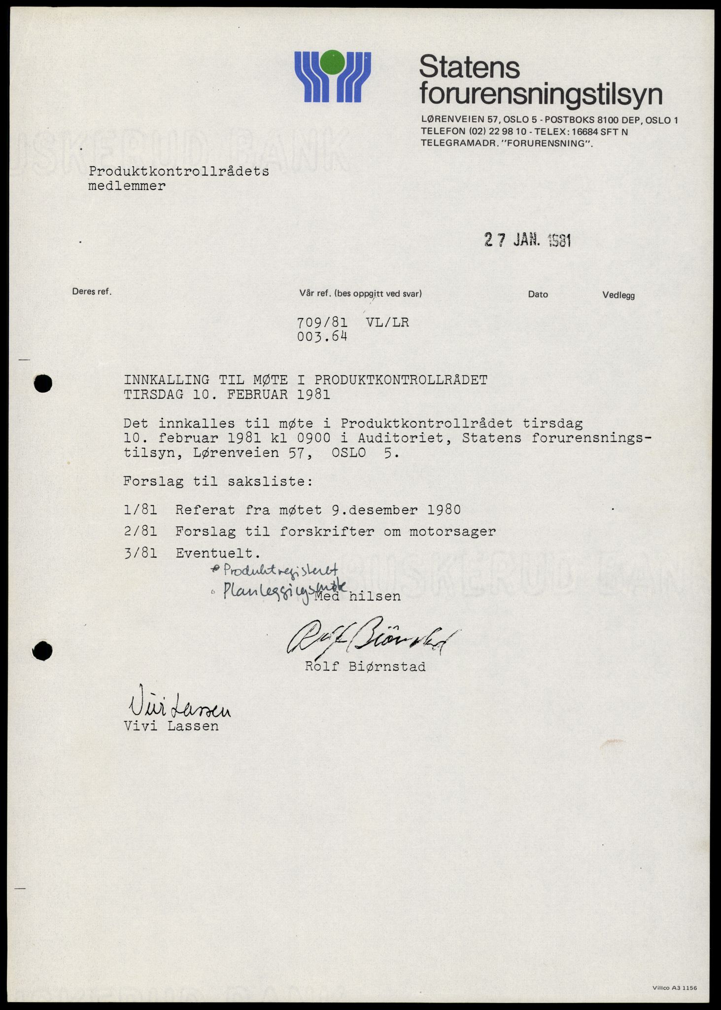 Statens forurensningstilsyn, hovedkontoret, AV/RA-S-4136/1/A/Ab/L0006: Produktkontrollrådet - Innkalling og referater, 1981