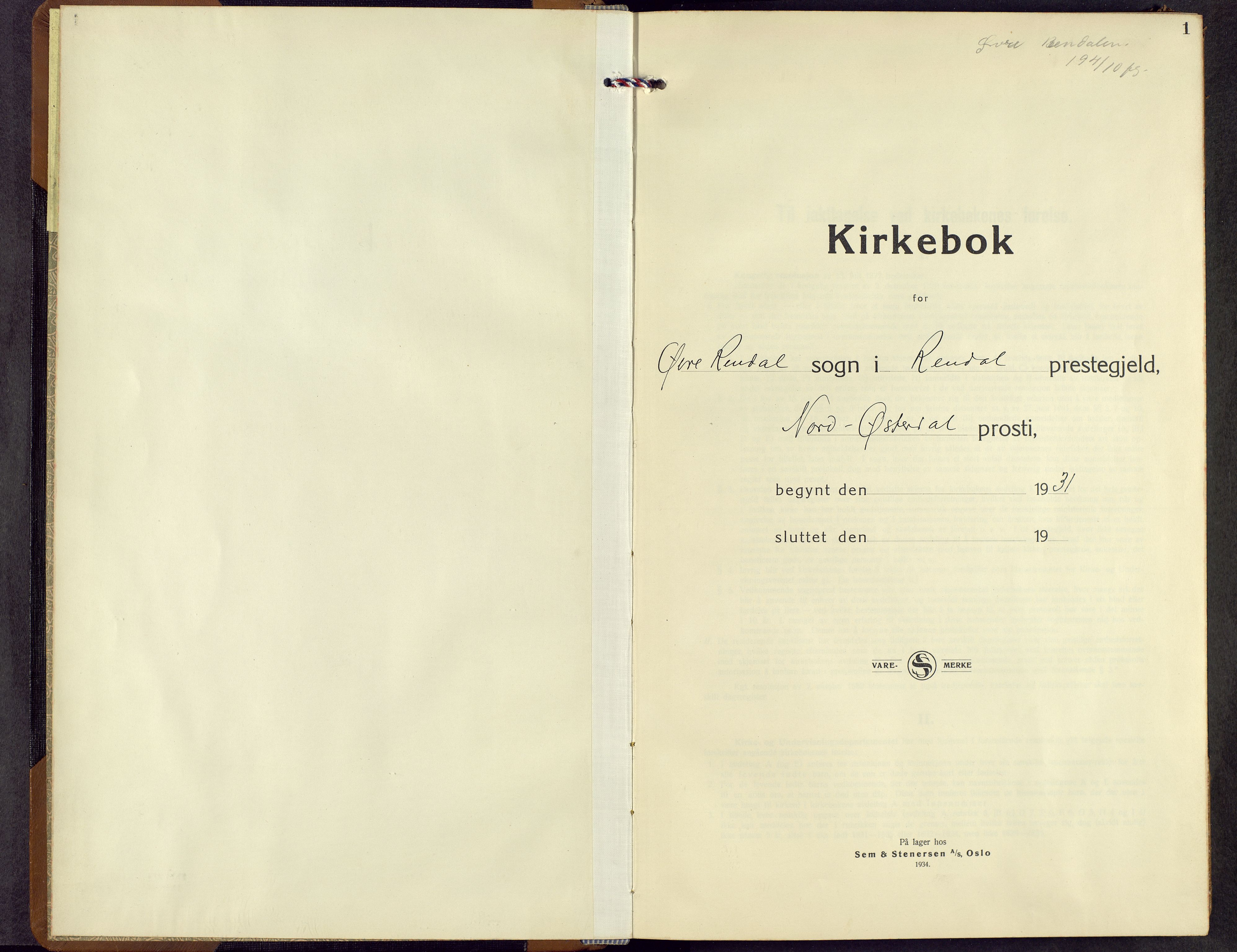 Rendalen prestekontor, SAH/PREST-054/H/Ha/Hab/L0005: Klokkerbok nr. 5, 1931-1959, s. 1